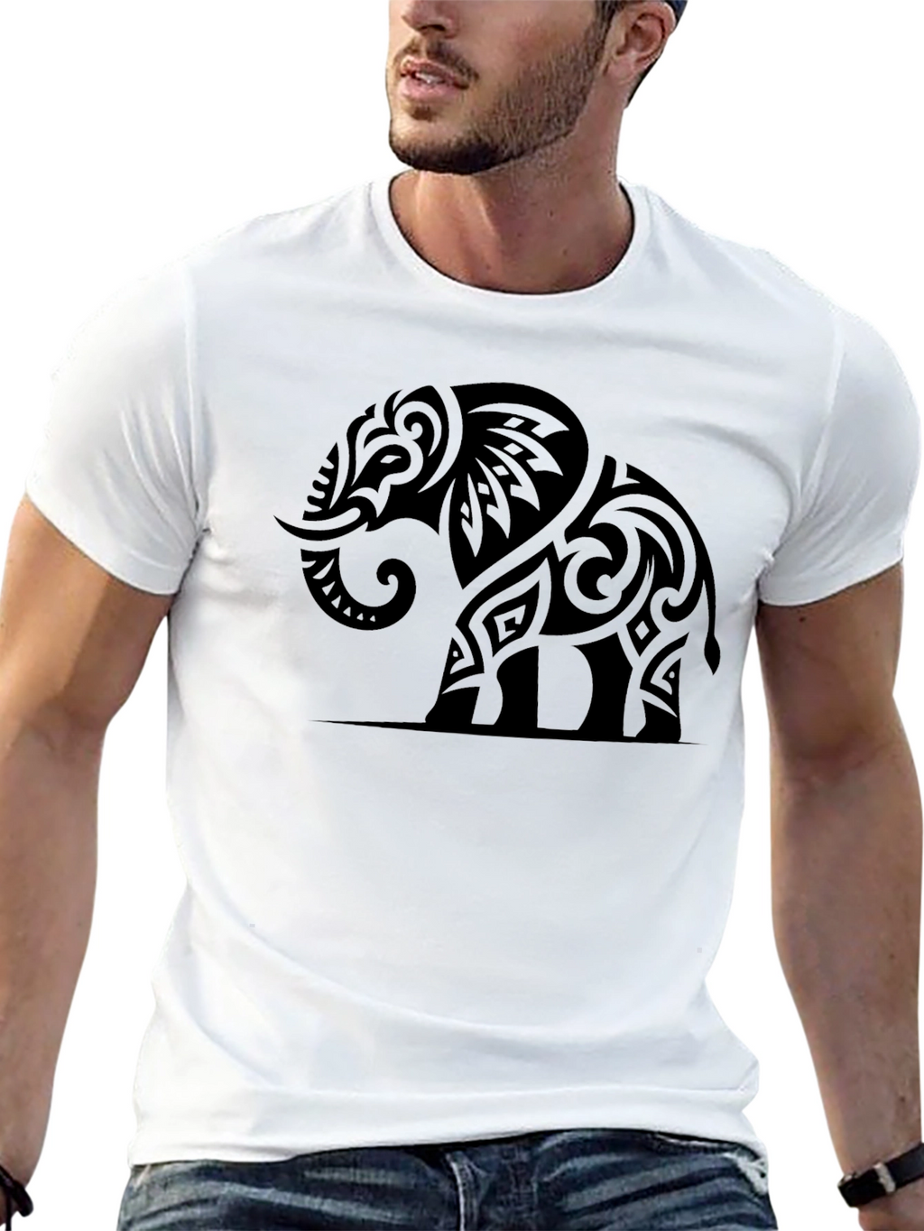 Tribal Elephant Graphic Tee - Black Cotton Casual Shirt