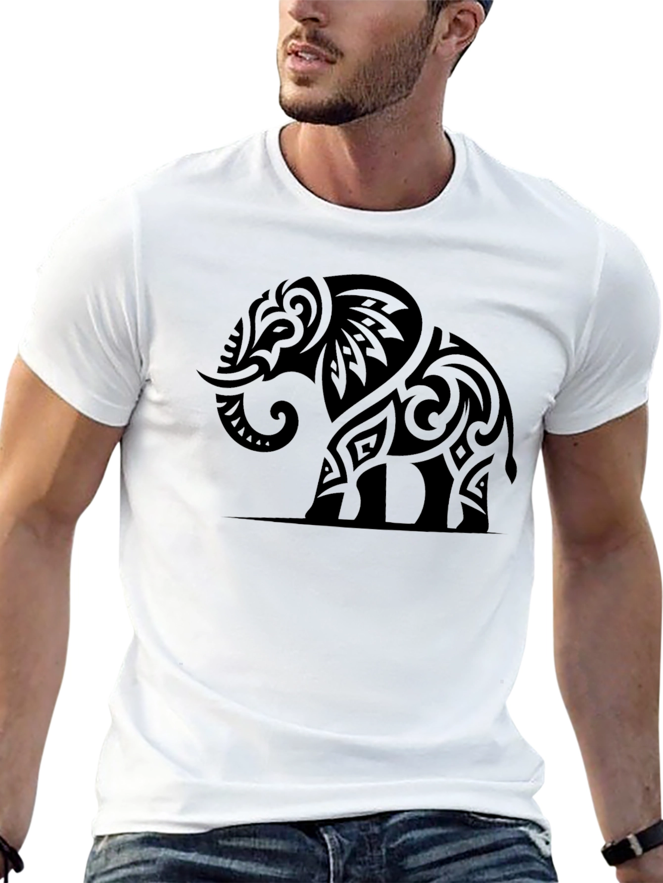 Tribal Elephant Graphic Tee - Black Cotton Casual Shirt