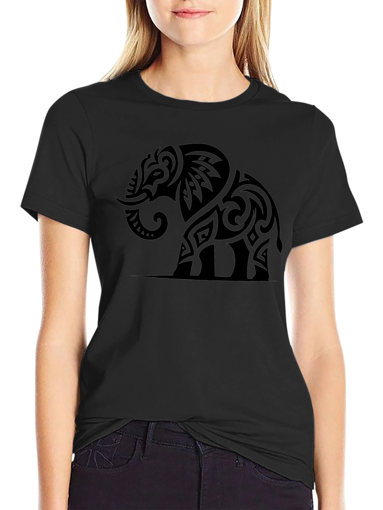 Tribal Elephant Graphic Tee - Black Cotton Casual Shirt