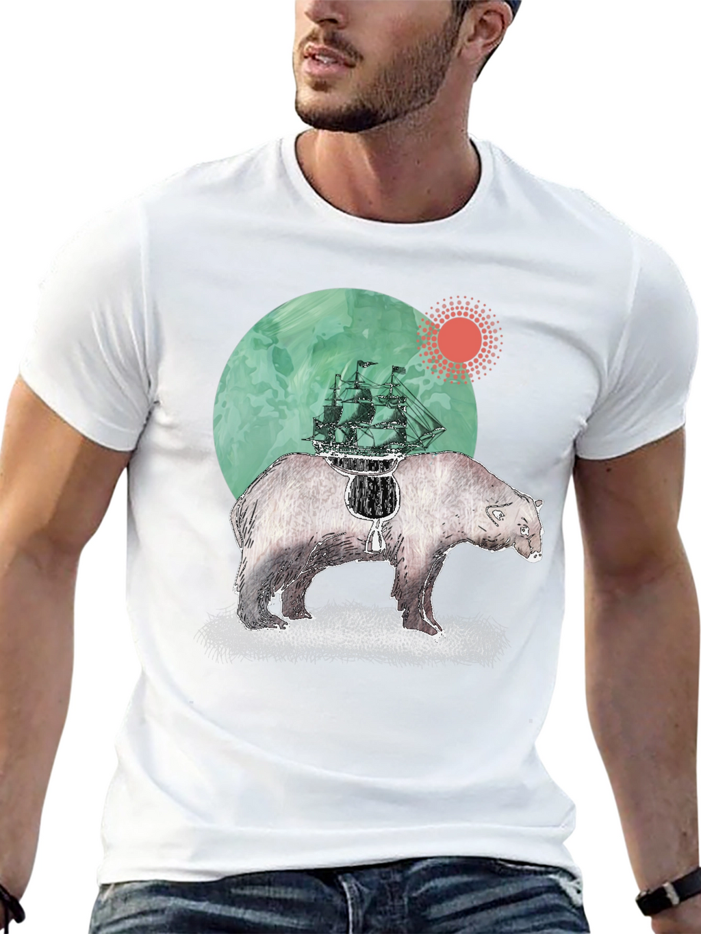 Bear and Ship Graphic T-Shirt