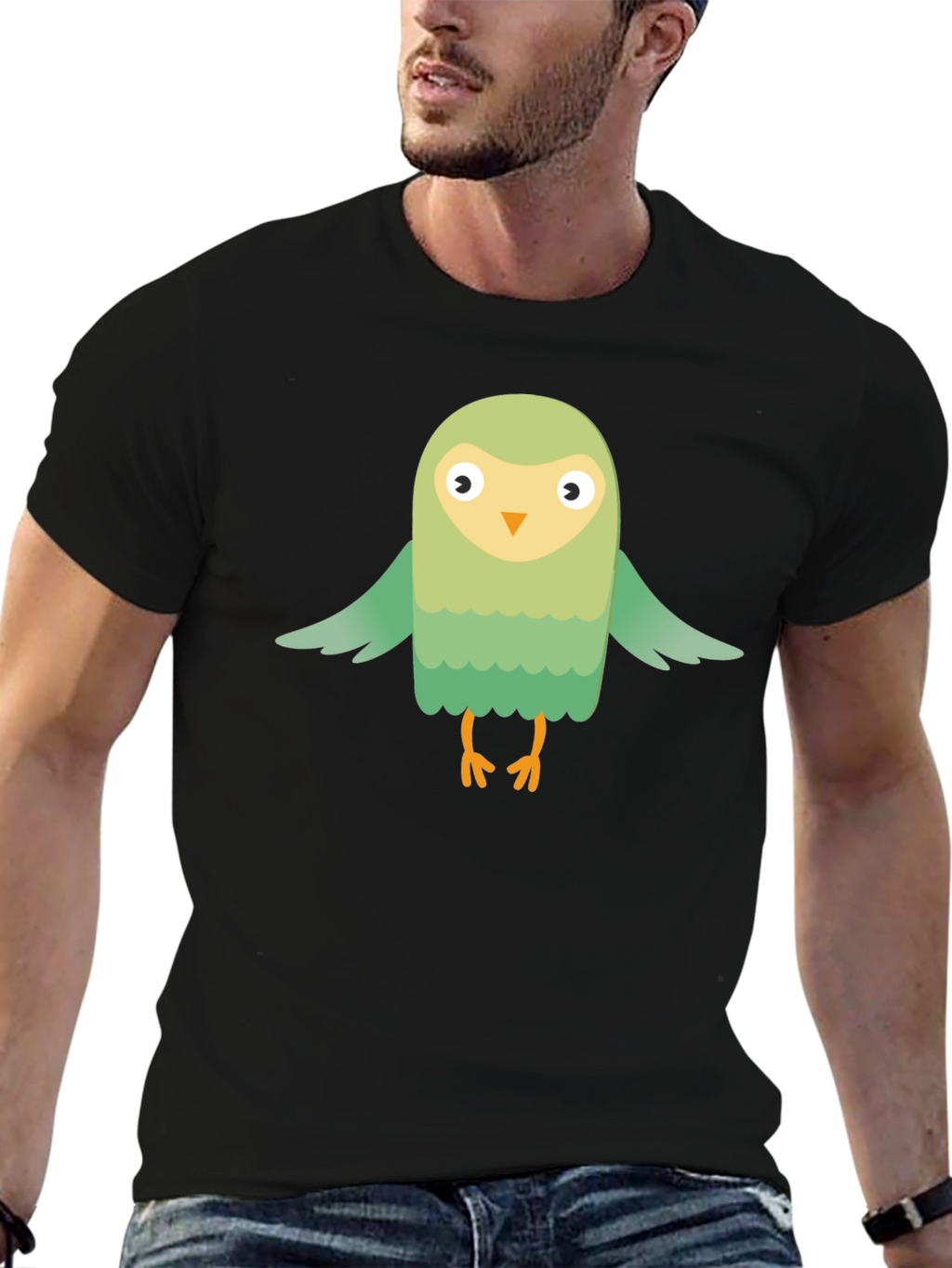 Cute Cartoon Bird Graphic Tee - Mens Black T-Shirt