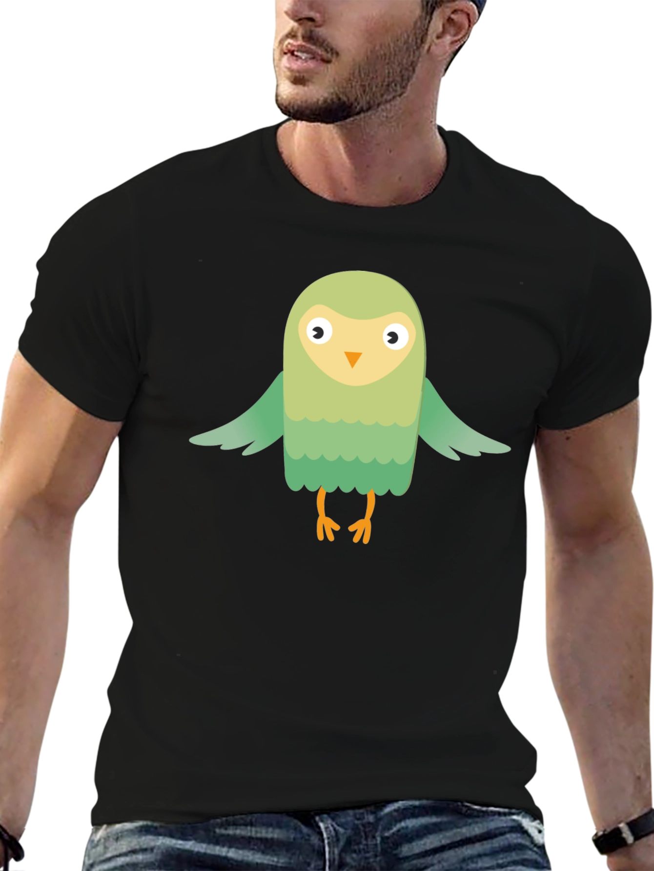 Cute Cartoon Bird Graphic Tee - Mens Black T-Shirt