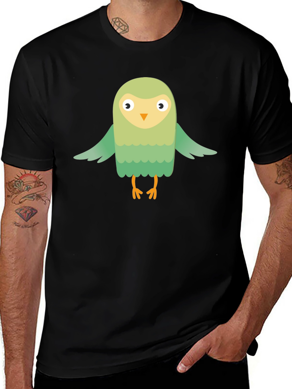 Cute Cartoon Bird Graphic Tee - Mens Black T-Shirt
