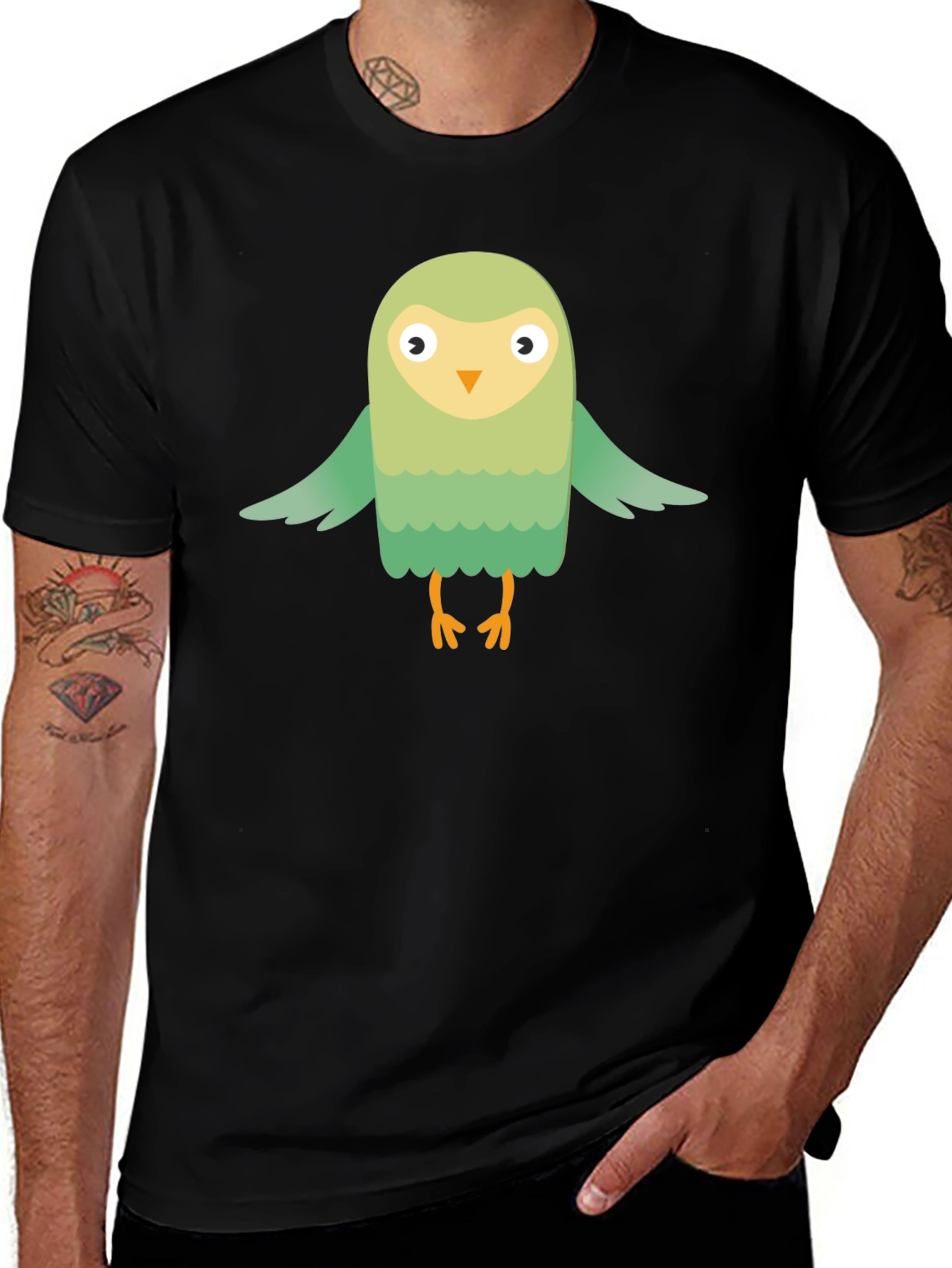 Cute Cartoon Bird Graphic Tee - Mens Black T-Shirt