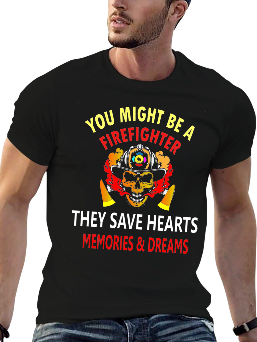 Firefighter Skull Graphic Black T-Shirt