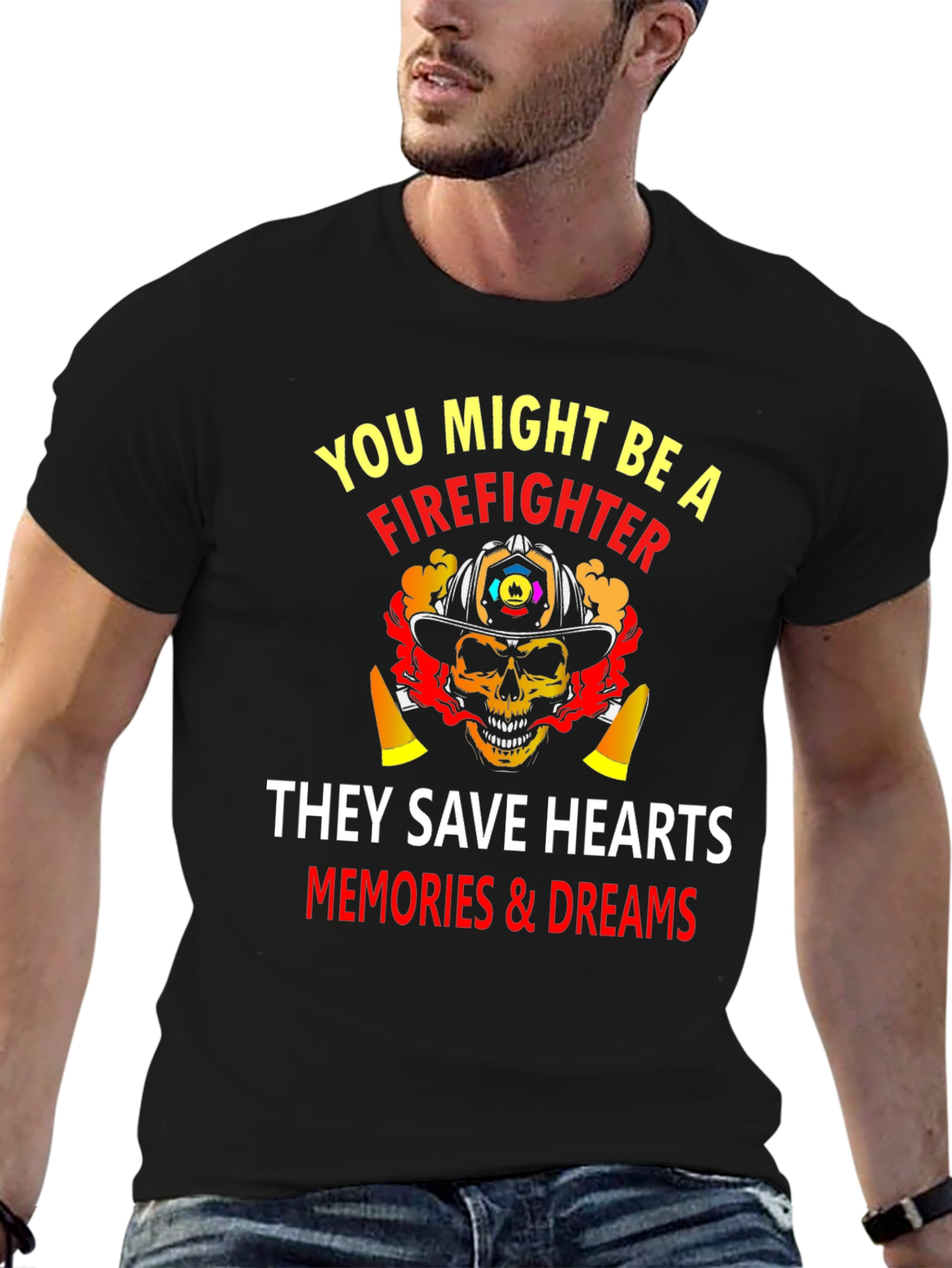 Firefighter Skull Graphic Black T-Shirt