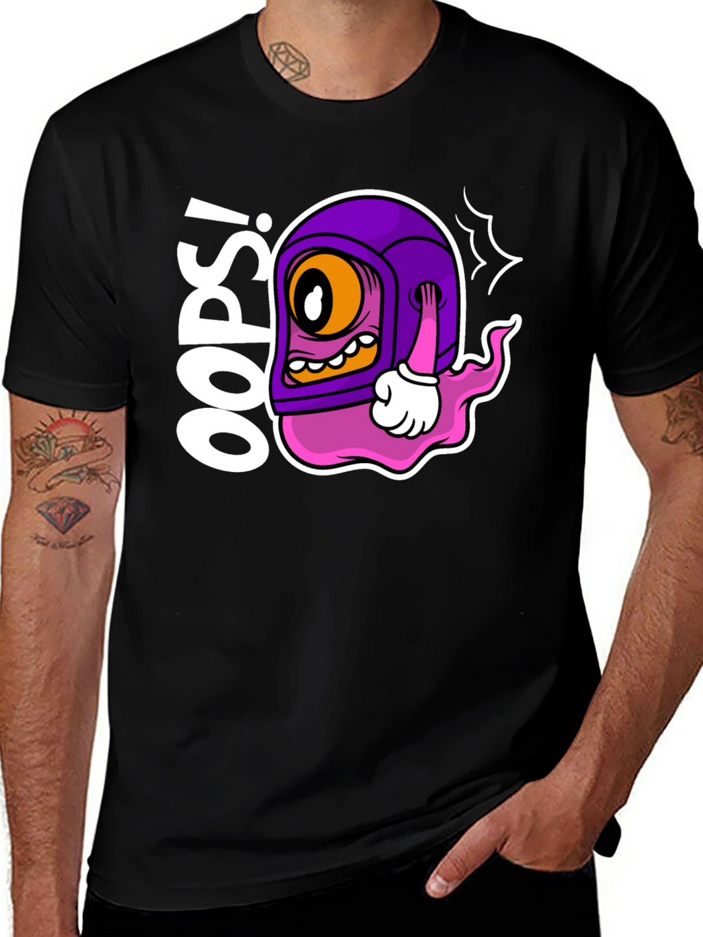Oops! Cartoon Character Black T-Shirt