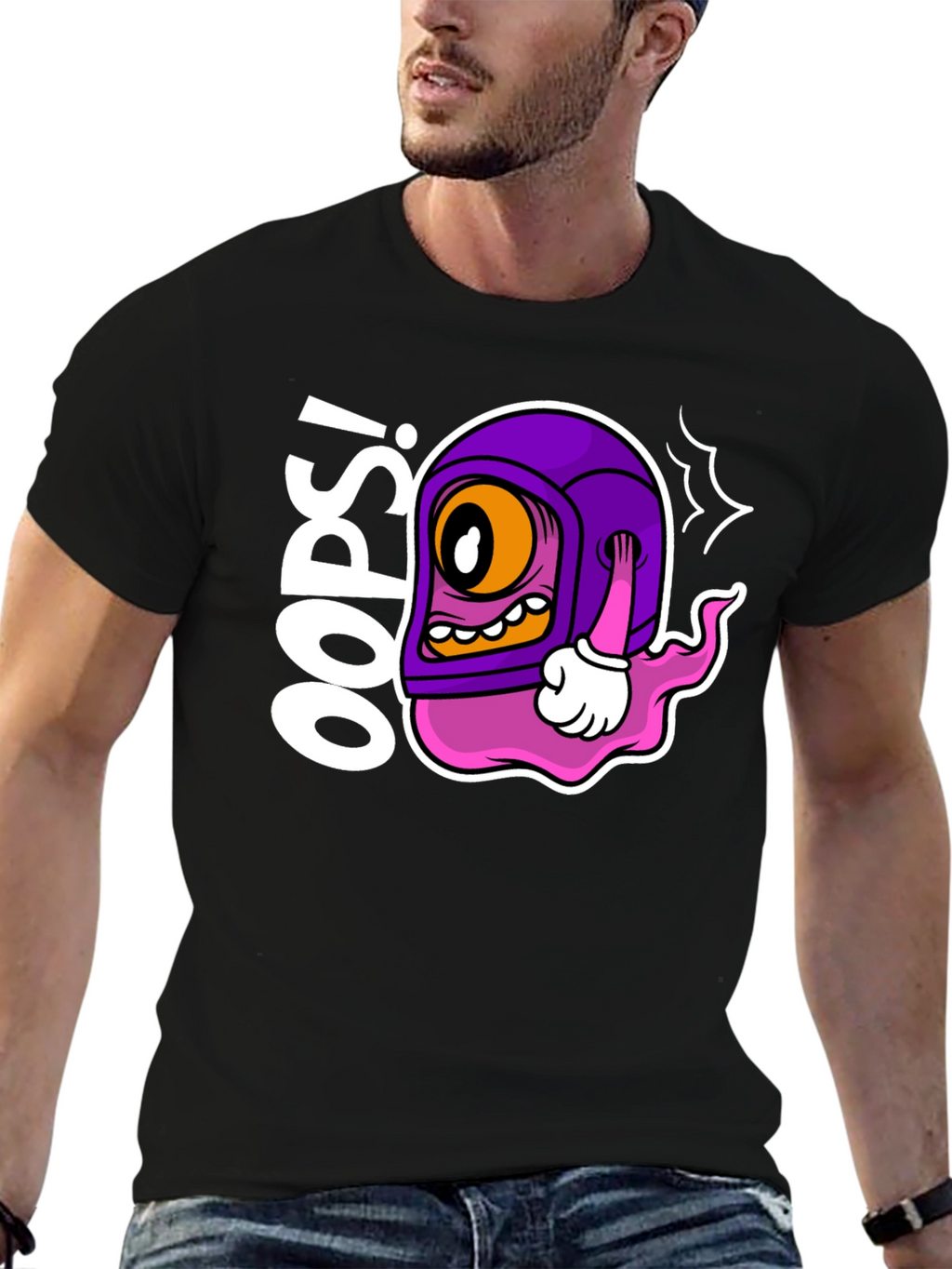Oops! Cartoon Character Black T-Shirt