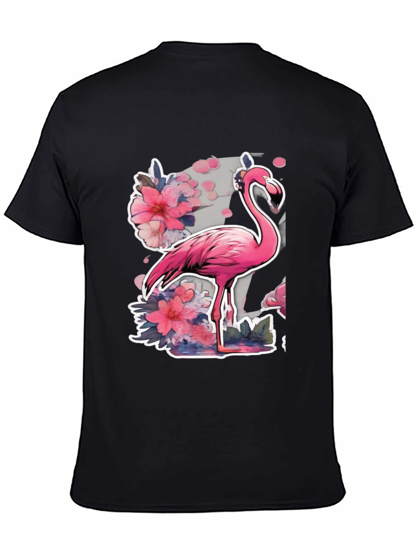 Stylish Flamingo Floral Graphic Tee - Black