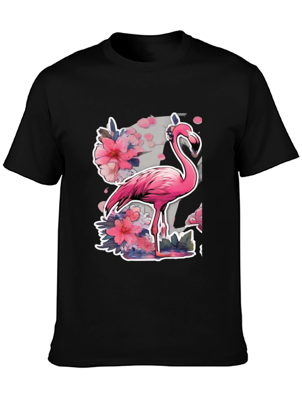 Stylish Flamingo Floral Graphic Tee - Black