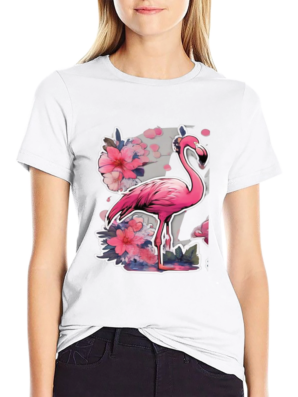 Stylish Flamingo Floral Graphic Tee - Black