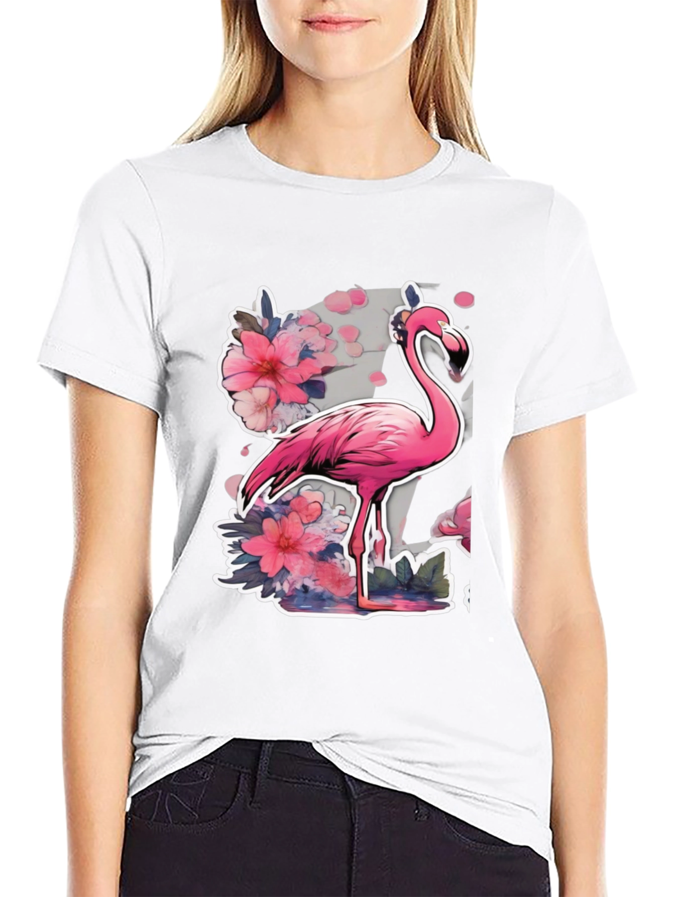 Stylish Flamingo Floral Graphic Tee - Black