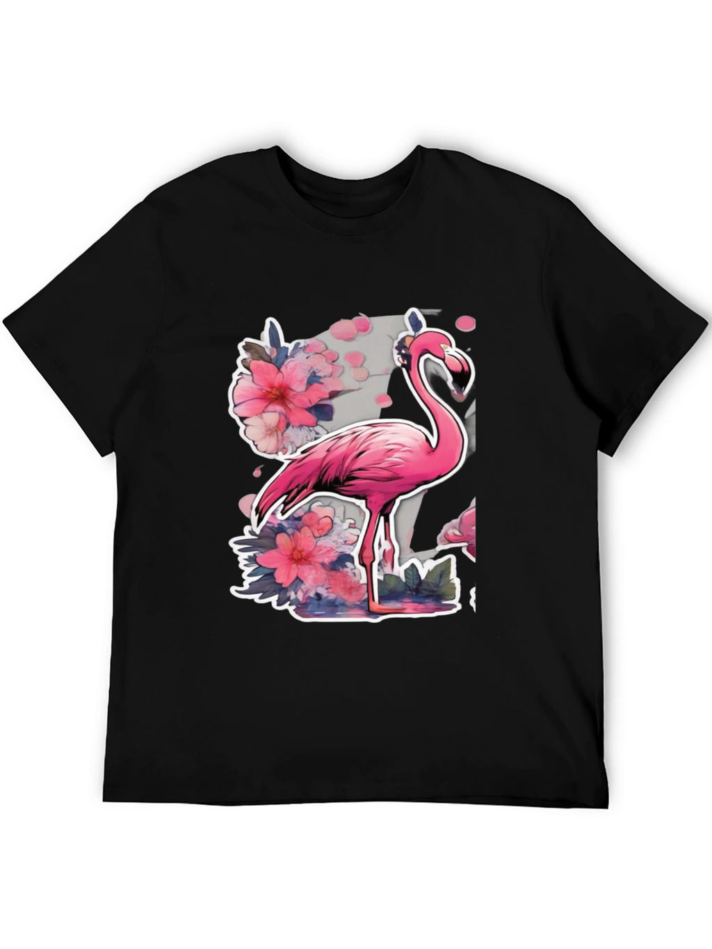 Stylish Flamingo Floral Graphic Tee - Black