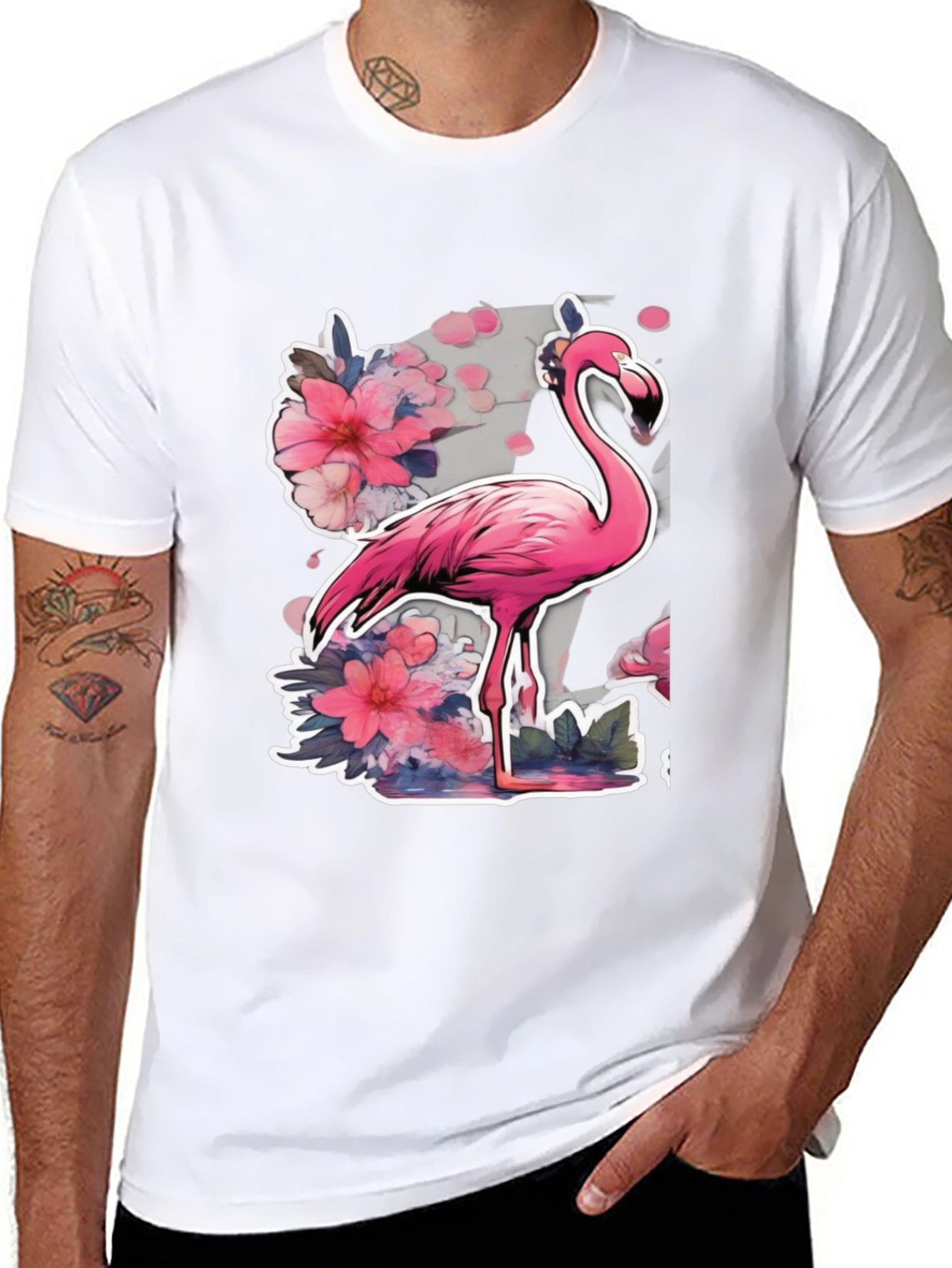 Stylish Flamingo Floral Graphic Tee - Black