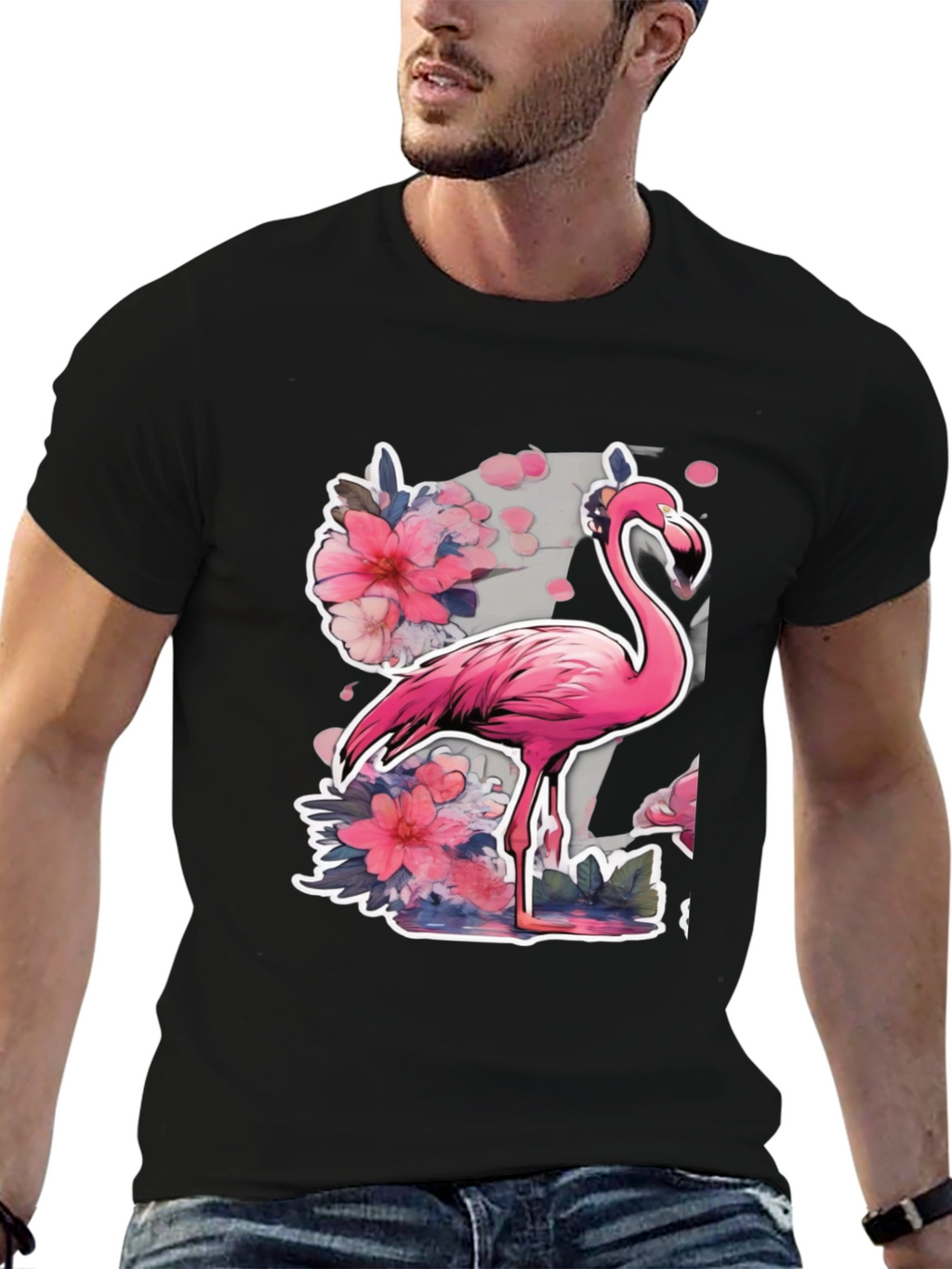 Stylish Flamingo Floral Graphic Tee - Black