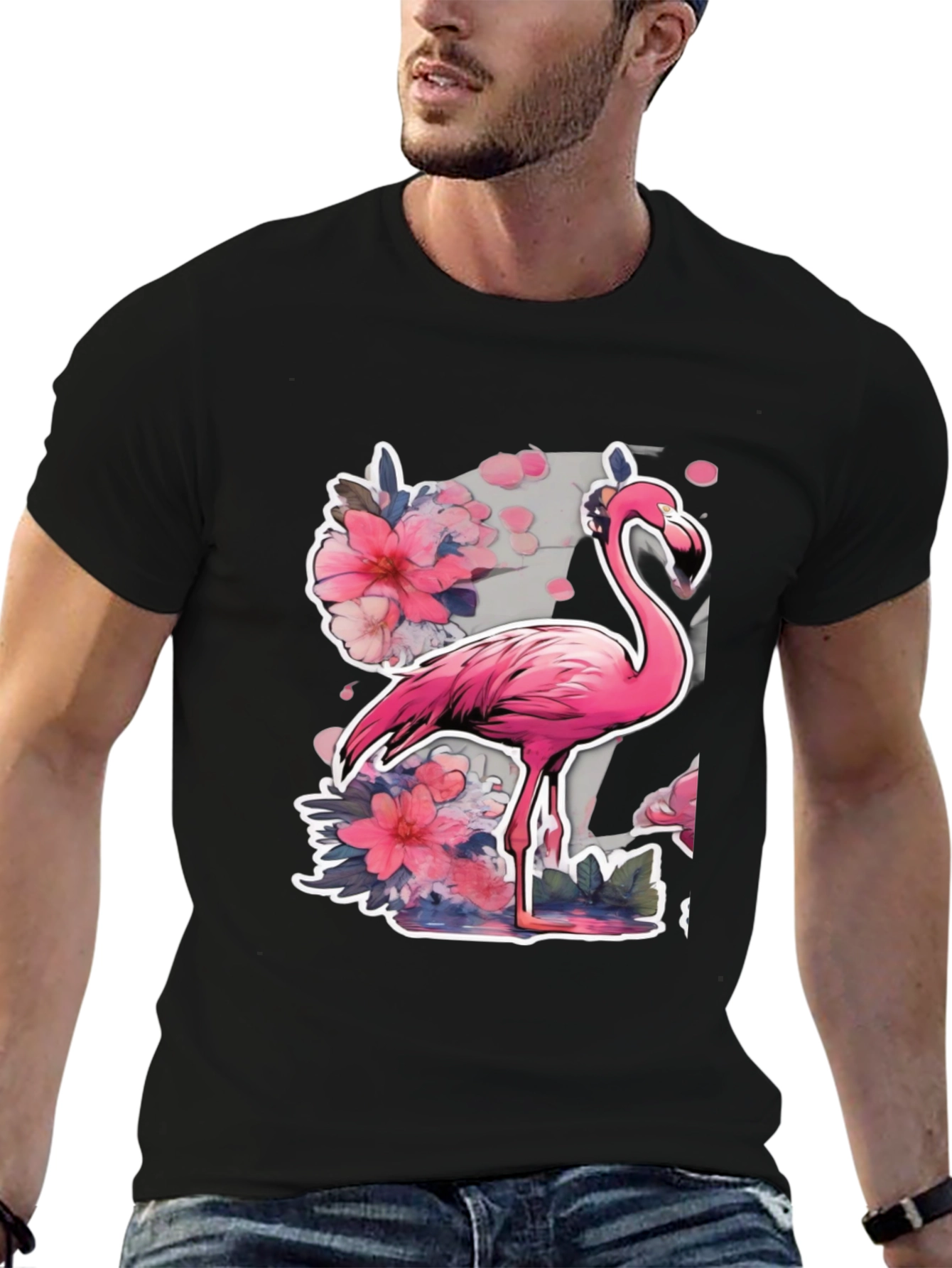 Stylish Flamingo Floral Graphic Tee - Black