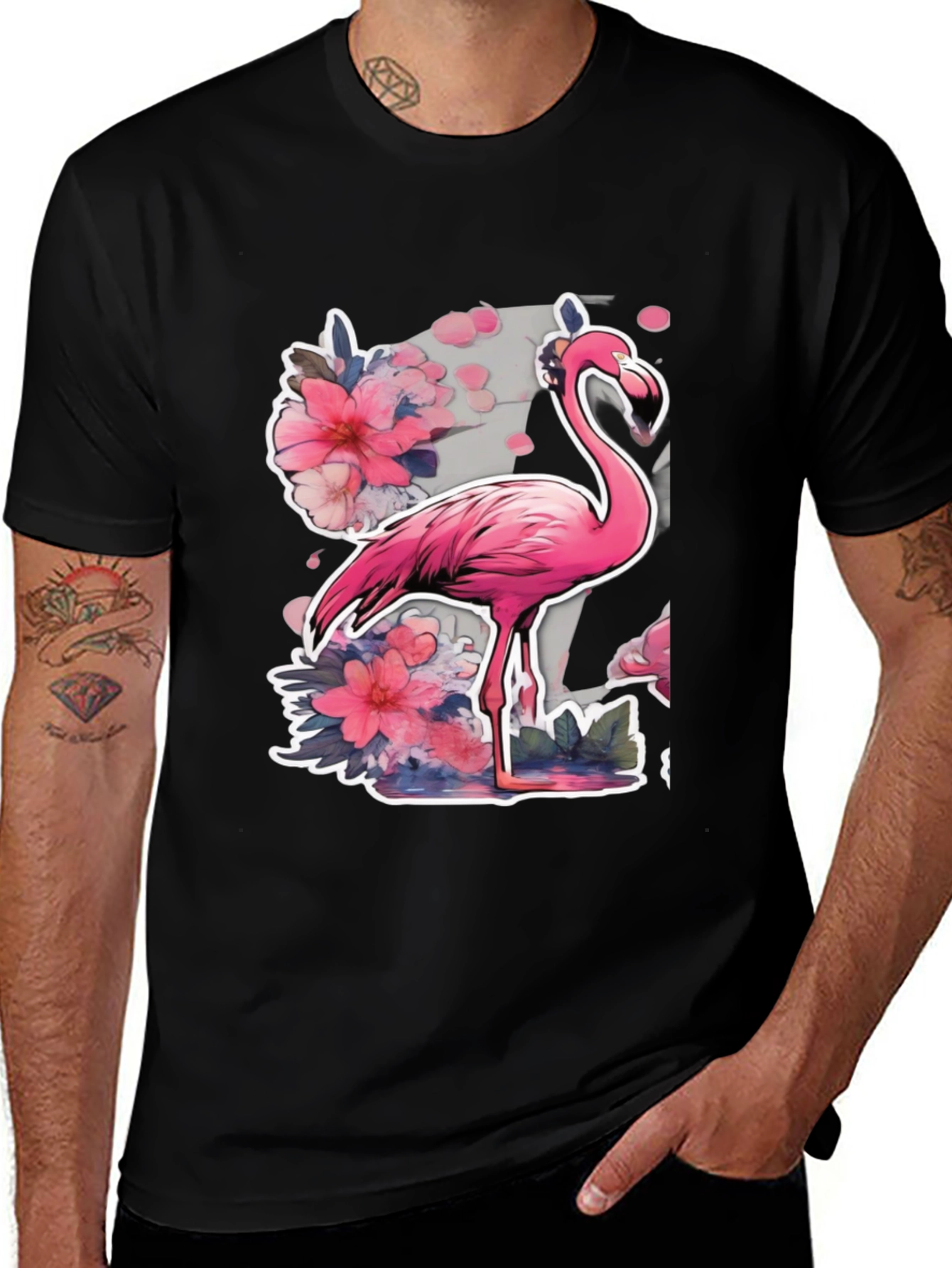 Stylish Flamingo Floral Graphic Tee - Black