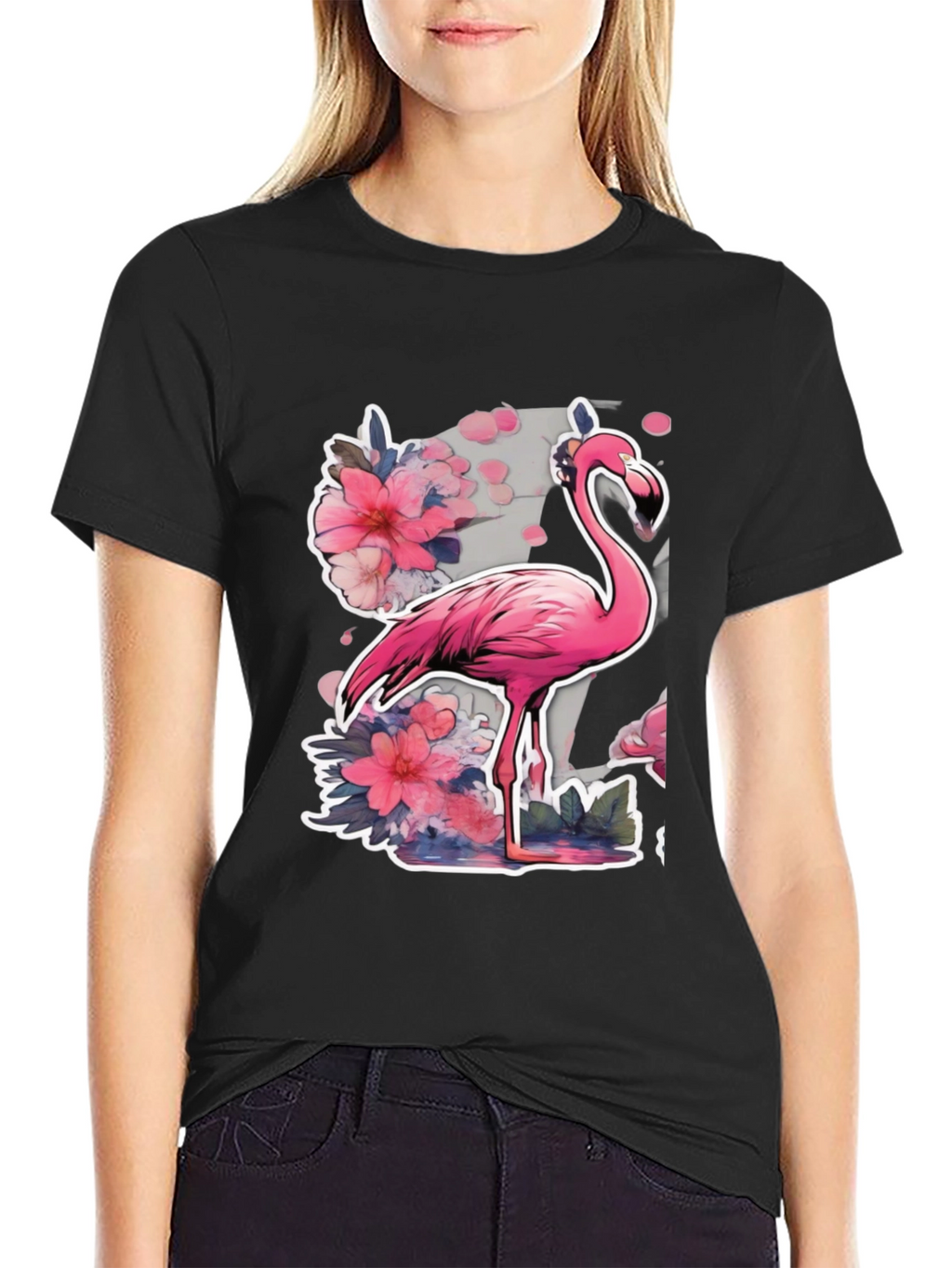 Stylish Flamingo Floral Graphic Tee - Black