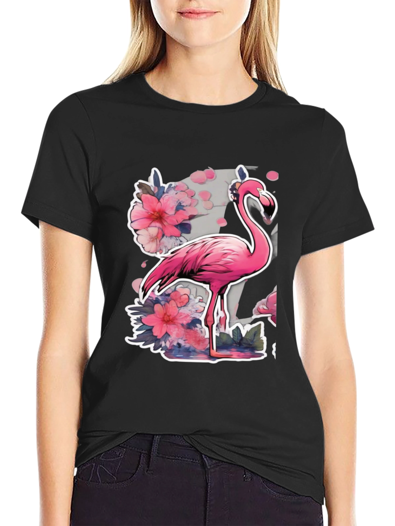 Stylish Flamingo Floral Graphic Tee - Black