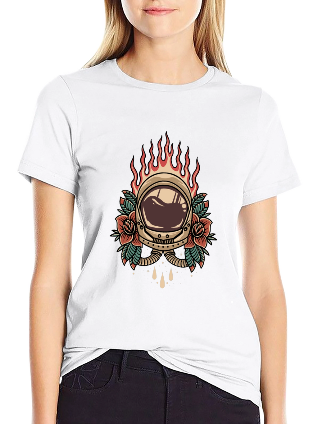 Retro Astronaut Helmet Tattoo Style Graphic Tee - Black
