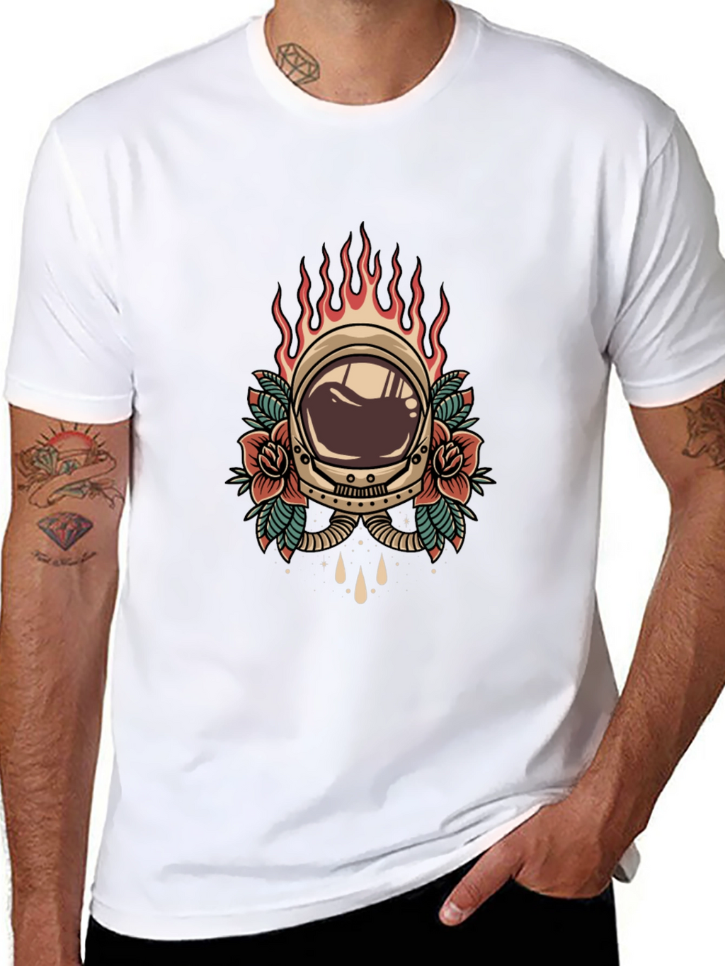 Retro Astronaut Helmet Tattoo Style Graphic Tee - Black