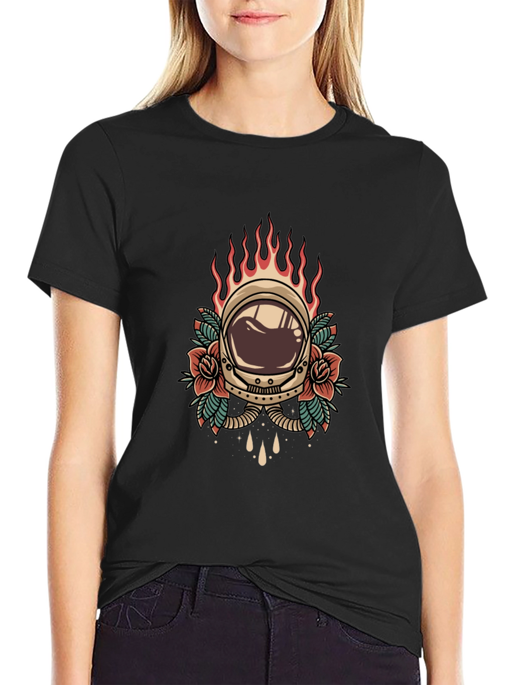 Retro Astronaut Helmet Tattoo Style Graphic Tee - Black