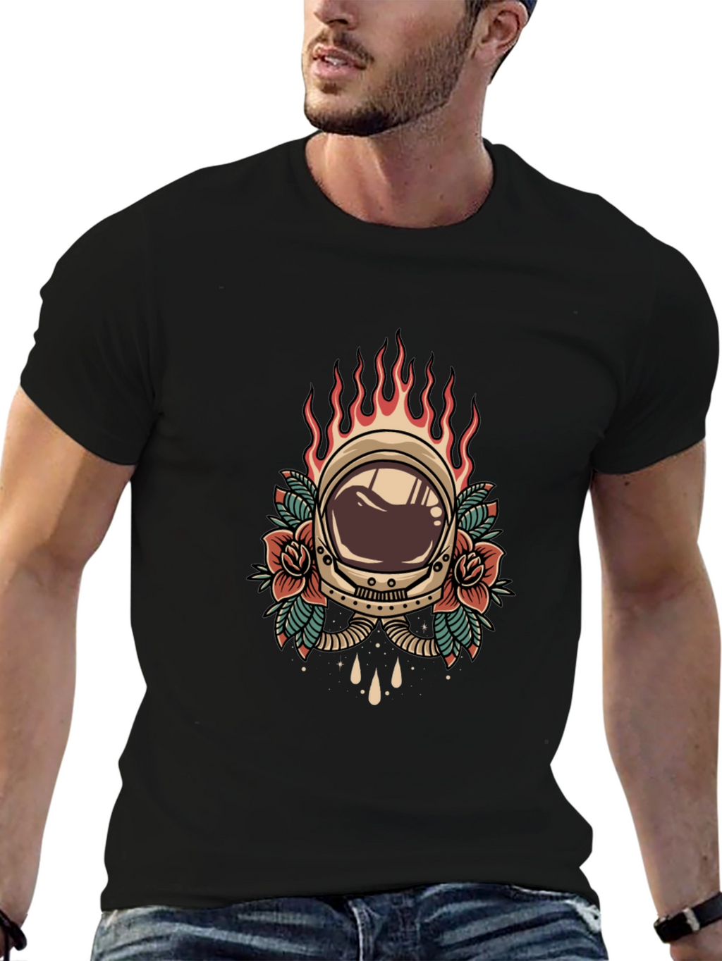 Retro Astronaut Helmet Tattoo Style Graphic Tee - Black