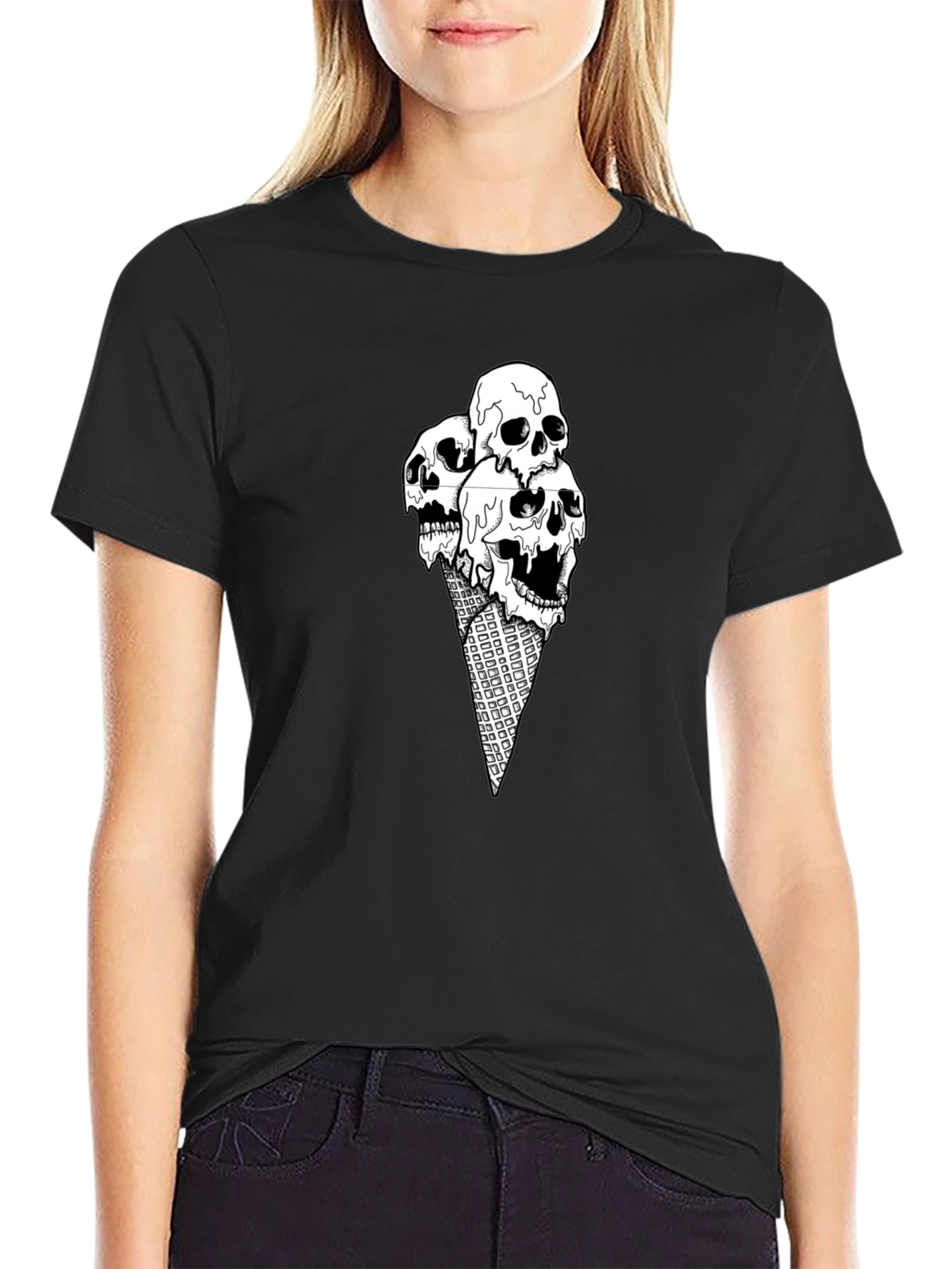 Skull Ice Cream Cone Graphic Tee - Black Cotton T-Shirt