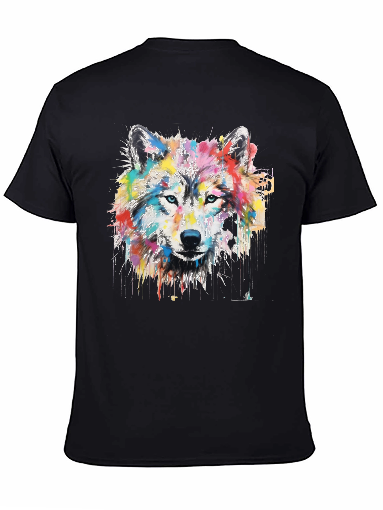 Colorful Wolf Graphic Print Black T-Shirt