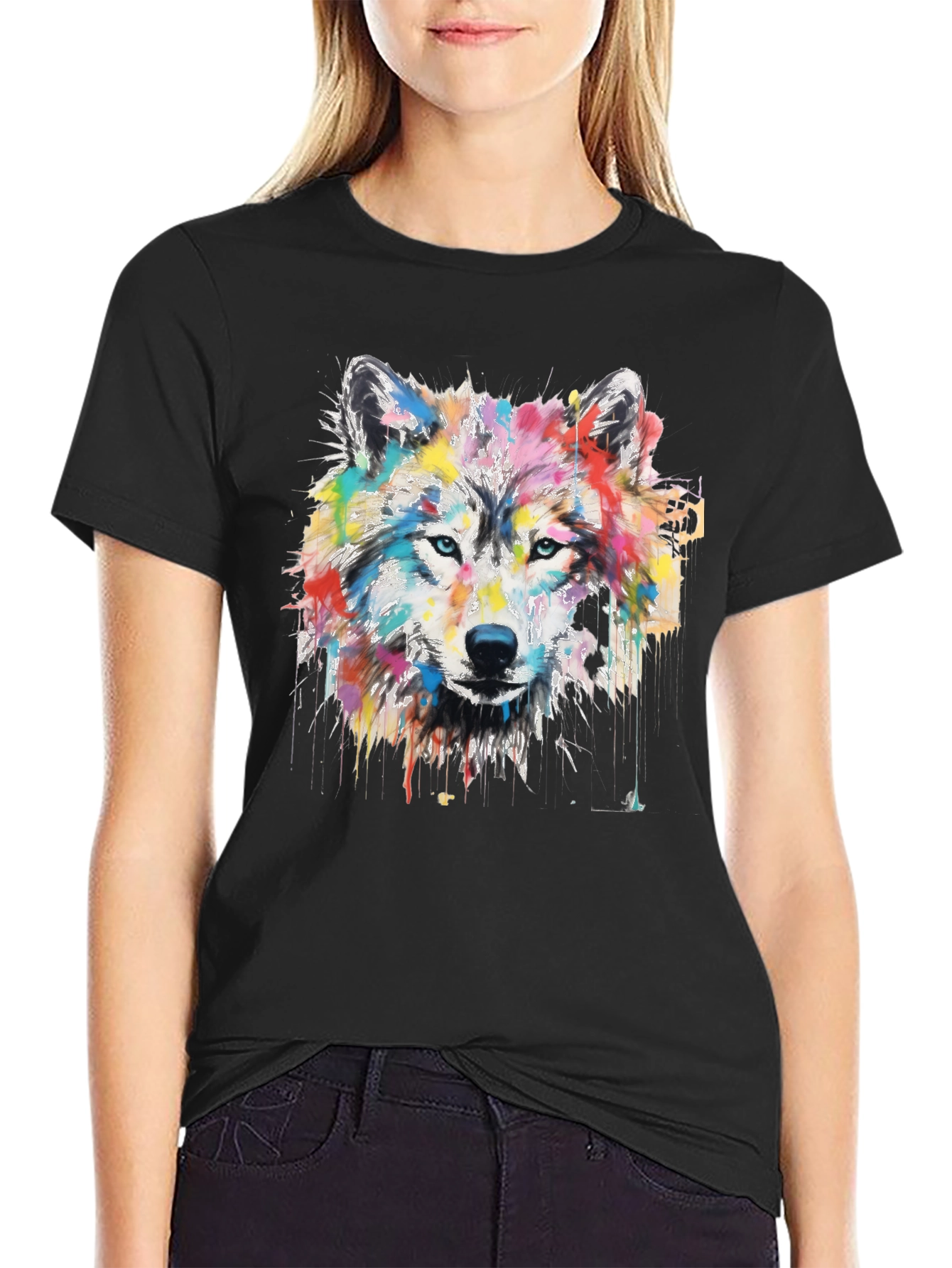 Colorful Wolf Graphic Print Black T-Shirt