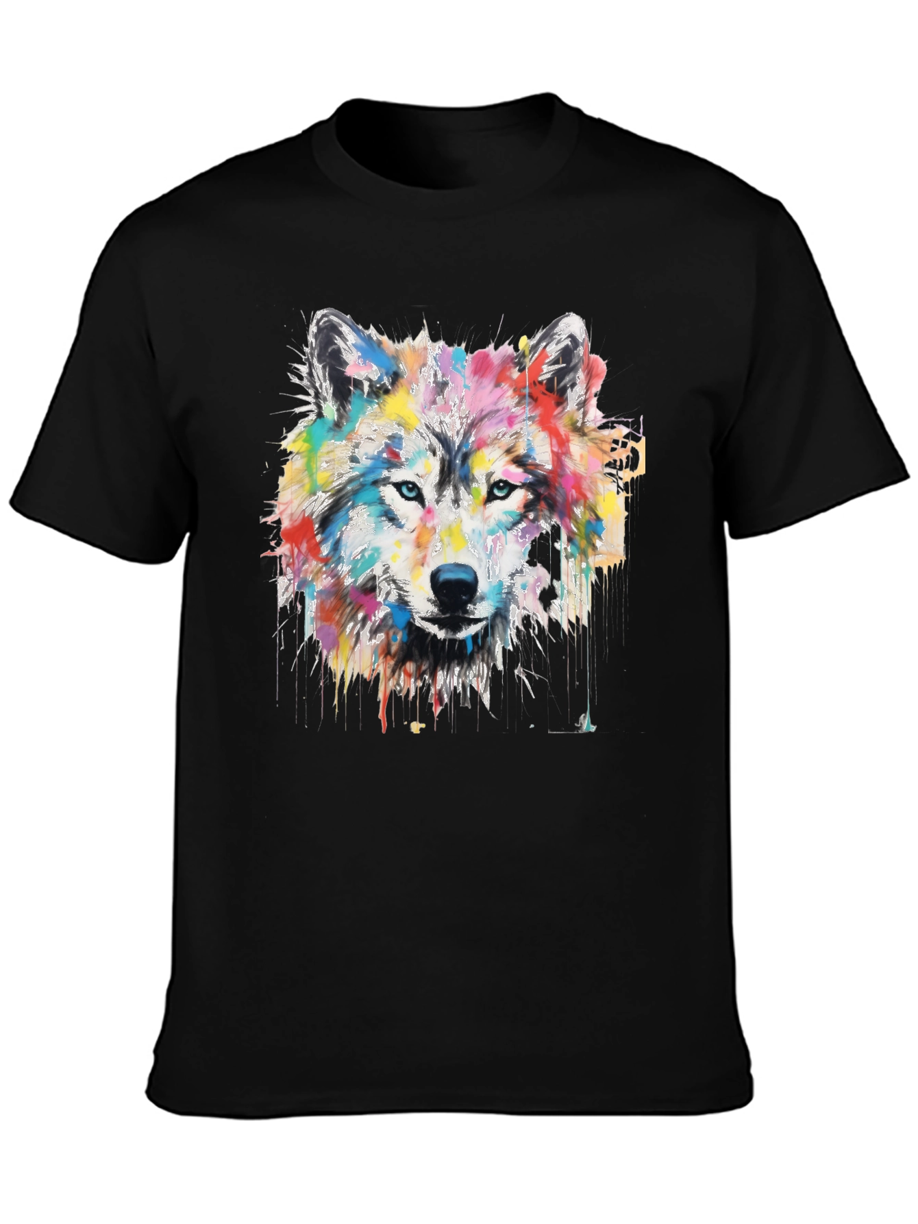 Colorful Wolf Graphic Print Black T-Shirt