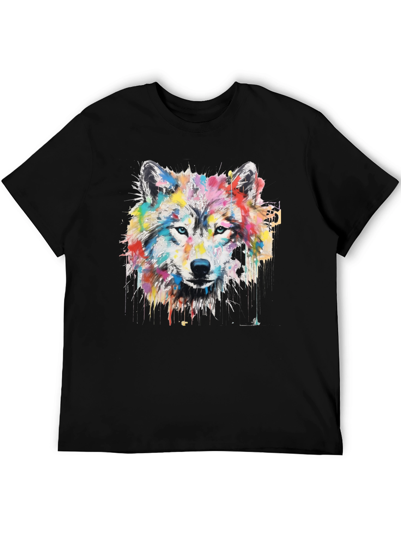 Colorful Wolf Graphic Print Black T-Shirt