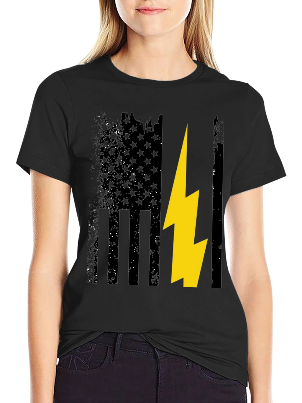 Distressed American Flag with Lightning Bolt T-Shirt