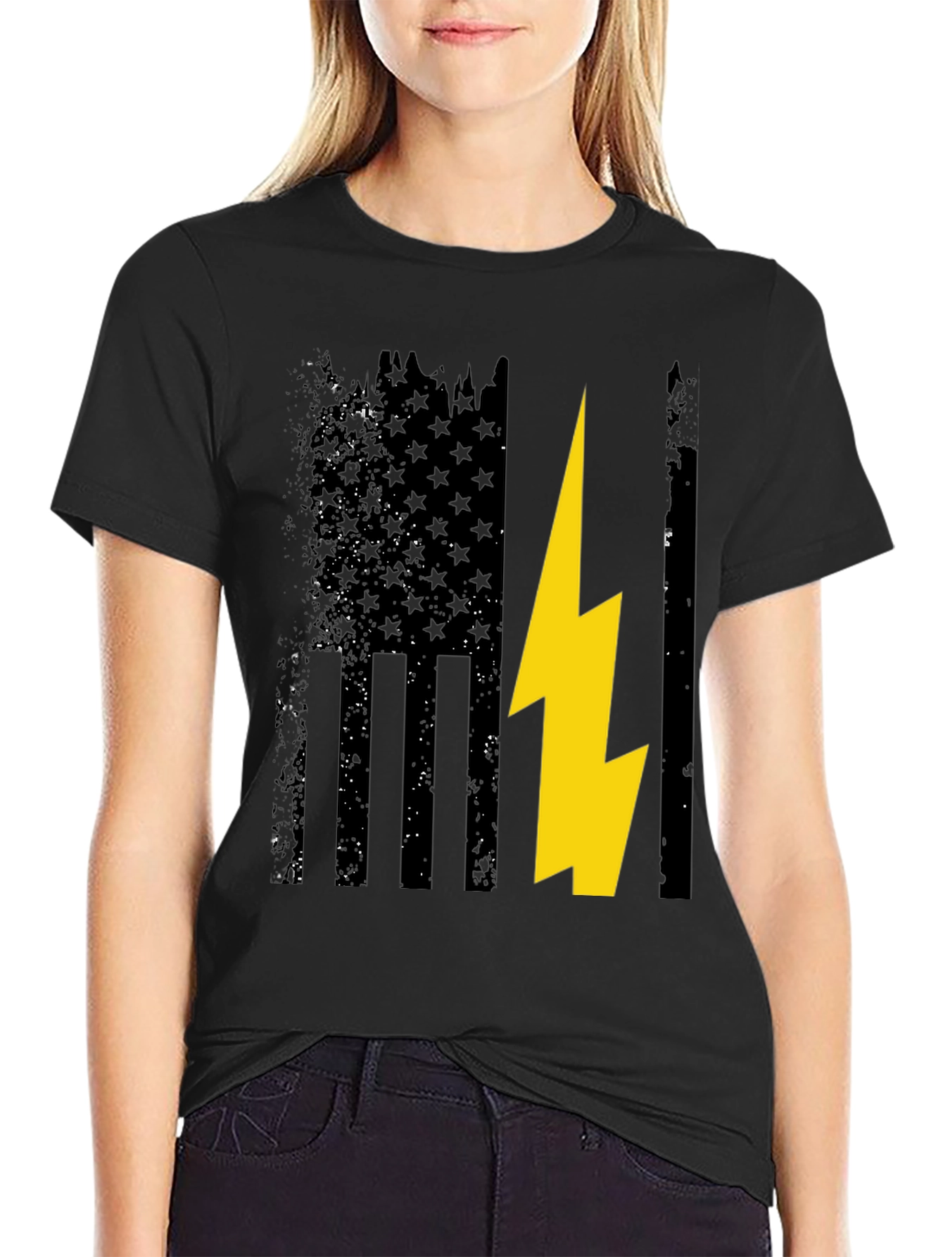 Distressed American Flag with Lightning Bolt T-Shirt