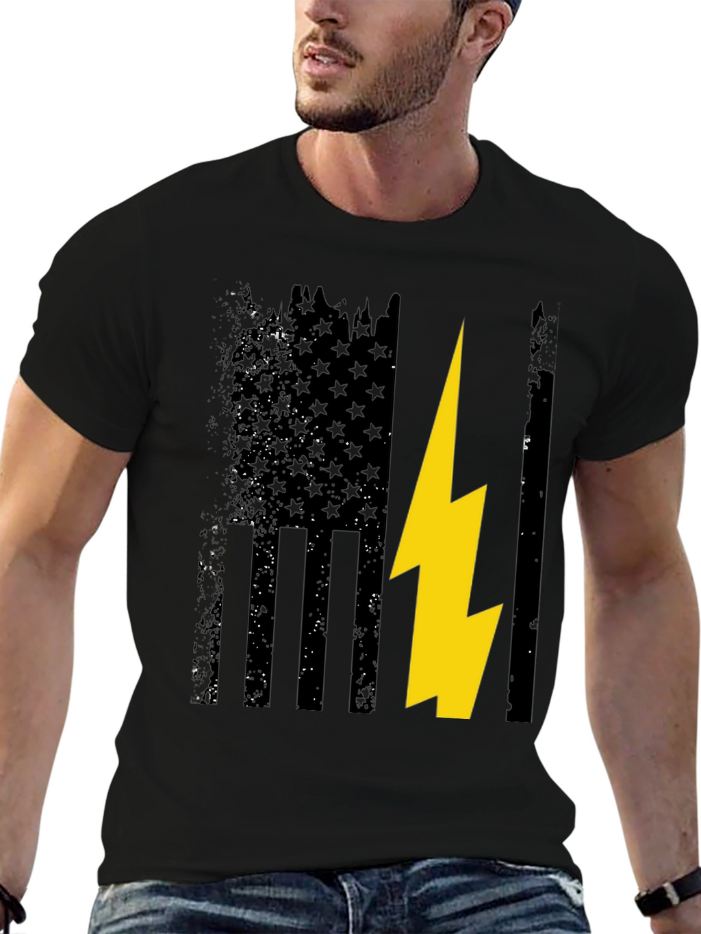 Distressed American Flag with Lightning Bolt T-Shirt