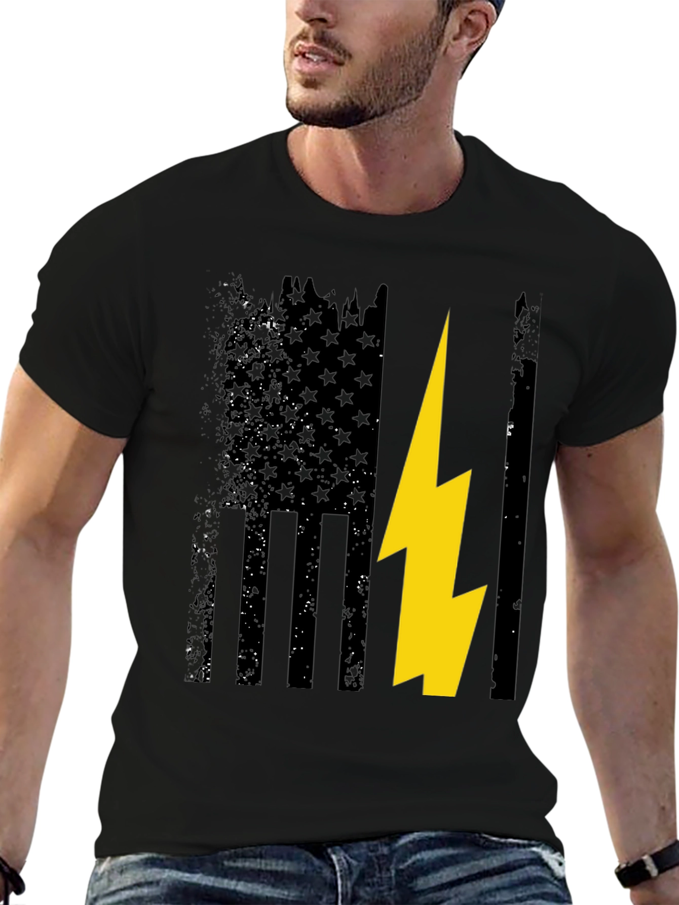 Distressed American Flag with Lightning Bolt T-Shirt