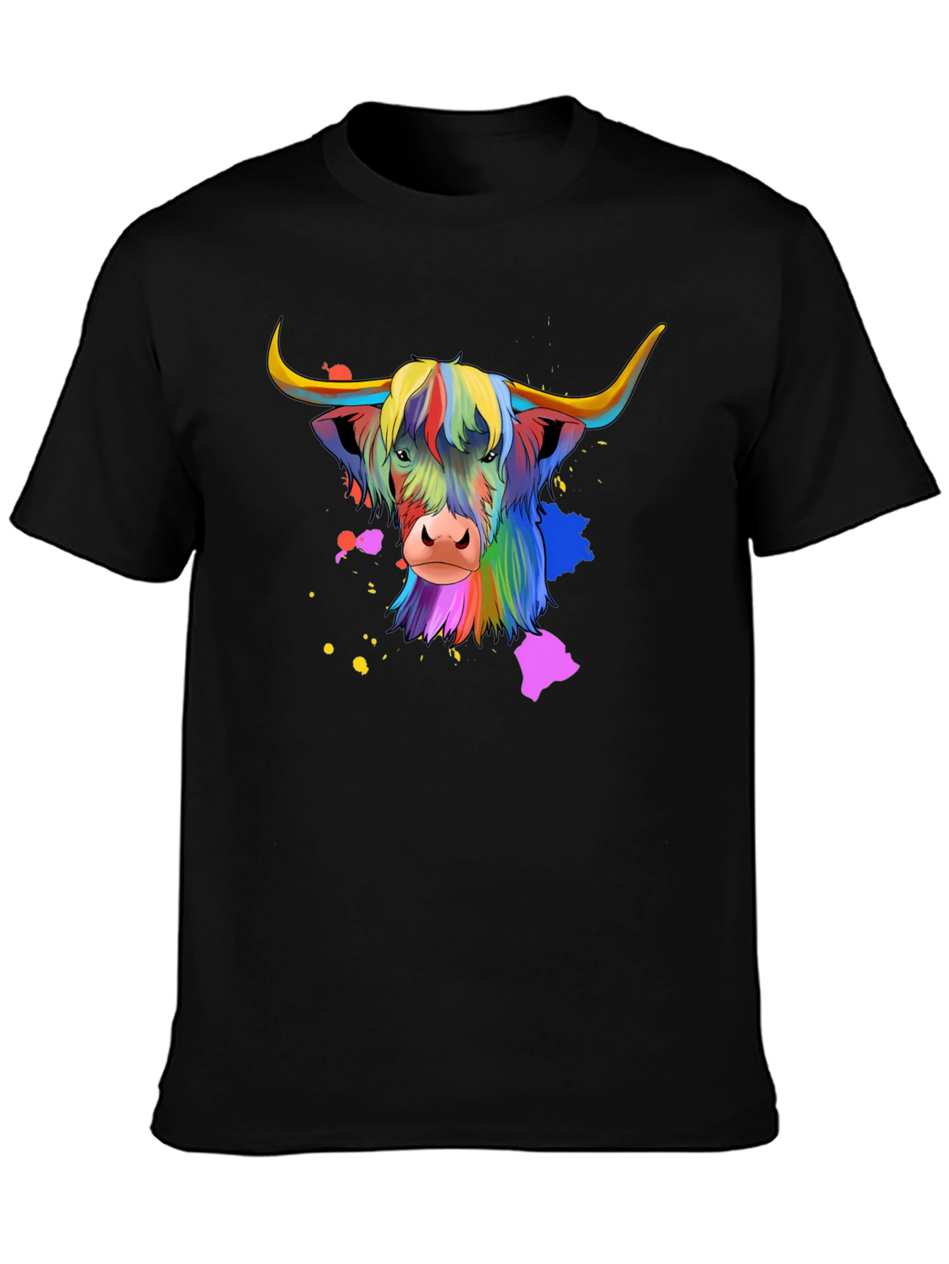 Highland Cow Colorful Graphic Tee - Black T-Shirt