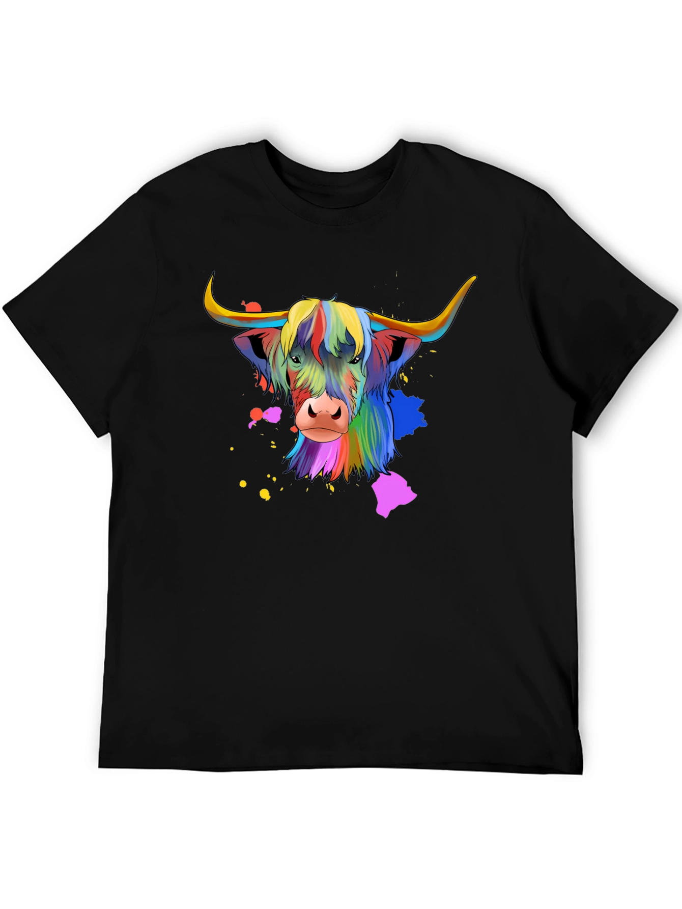 Highland Cow Colorful Graphic Tee - Black T-Shirt