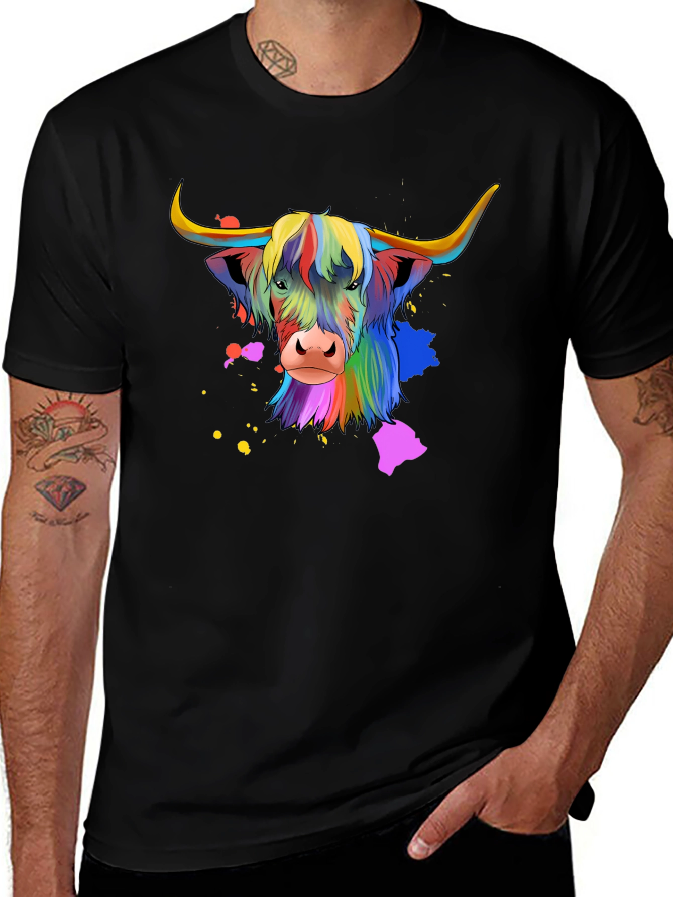 Highland Cow Colorful Graphic Tee - Black T-Shirt