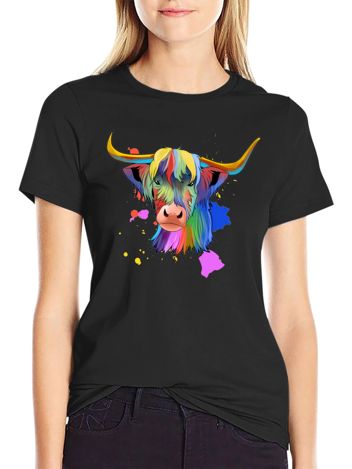 Highland Cow Colorful Graphic Tee - Black T-Shirt