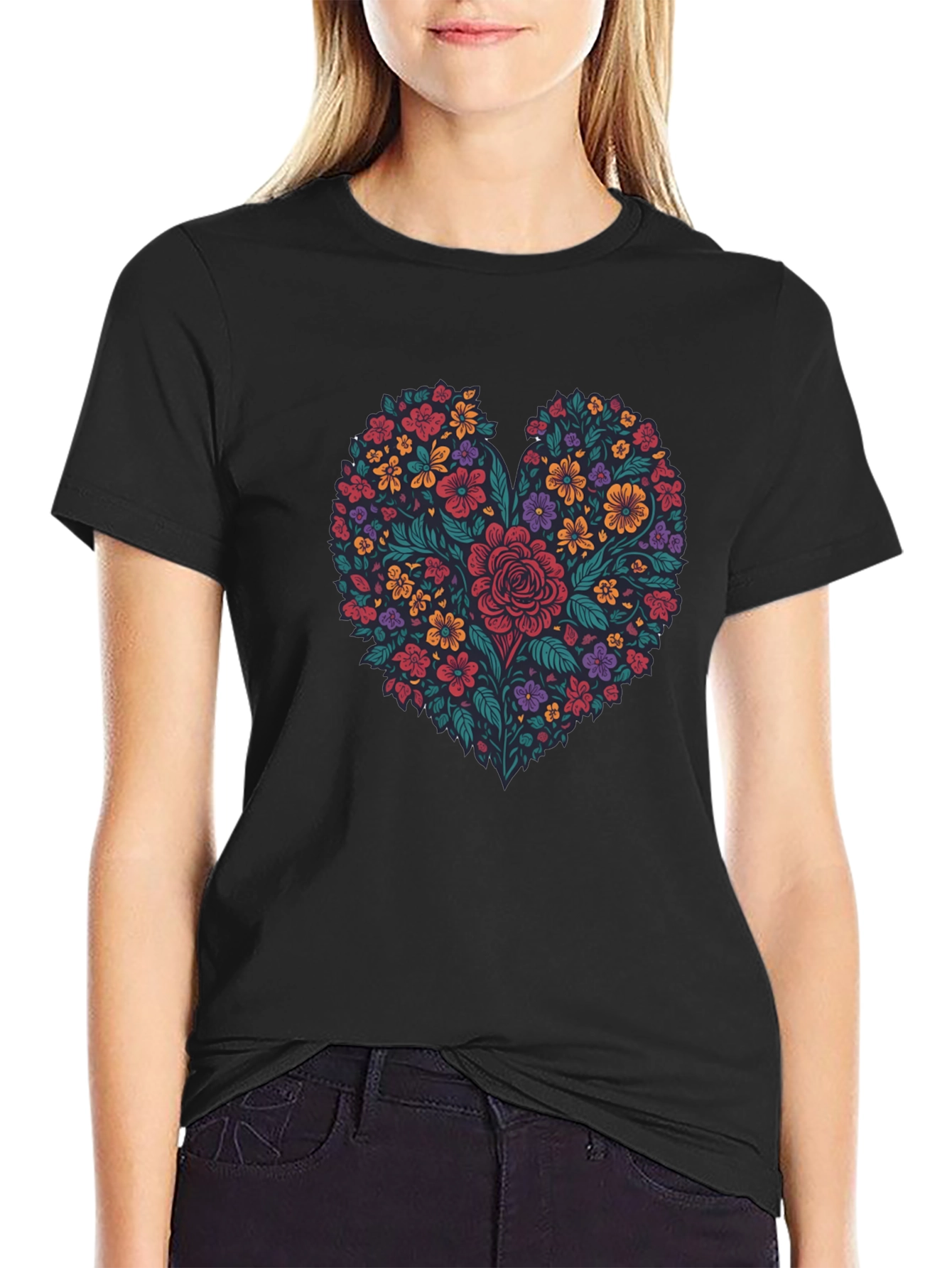 Floral Heart Graphic T-Shirt - Mens Black Tee