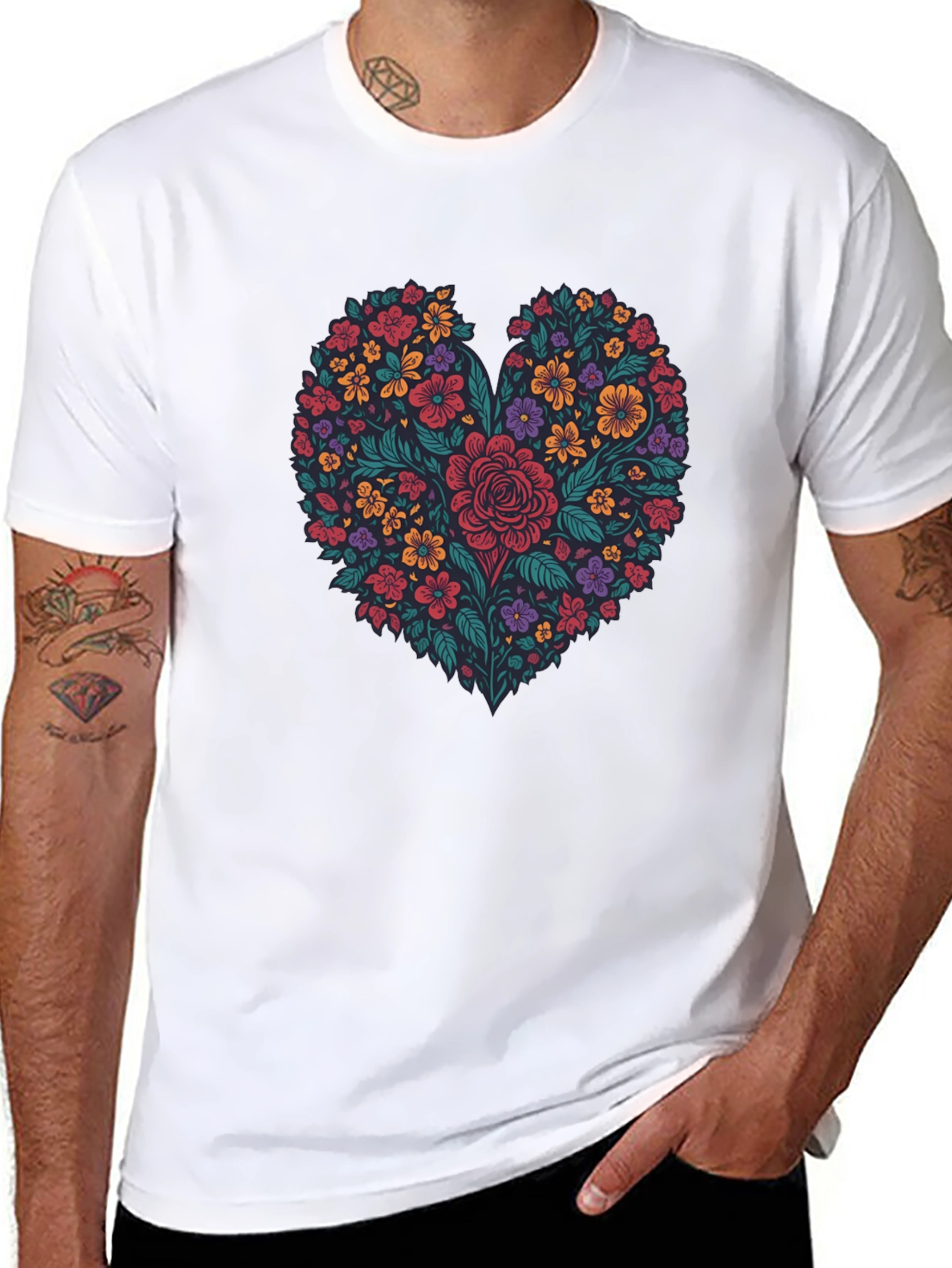Floral Heart Graphic T-Shirt - Mens Black Tee