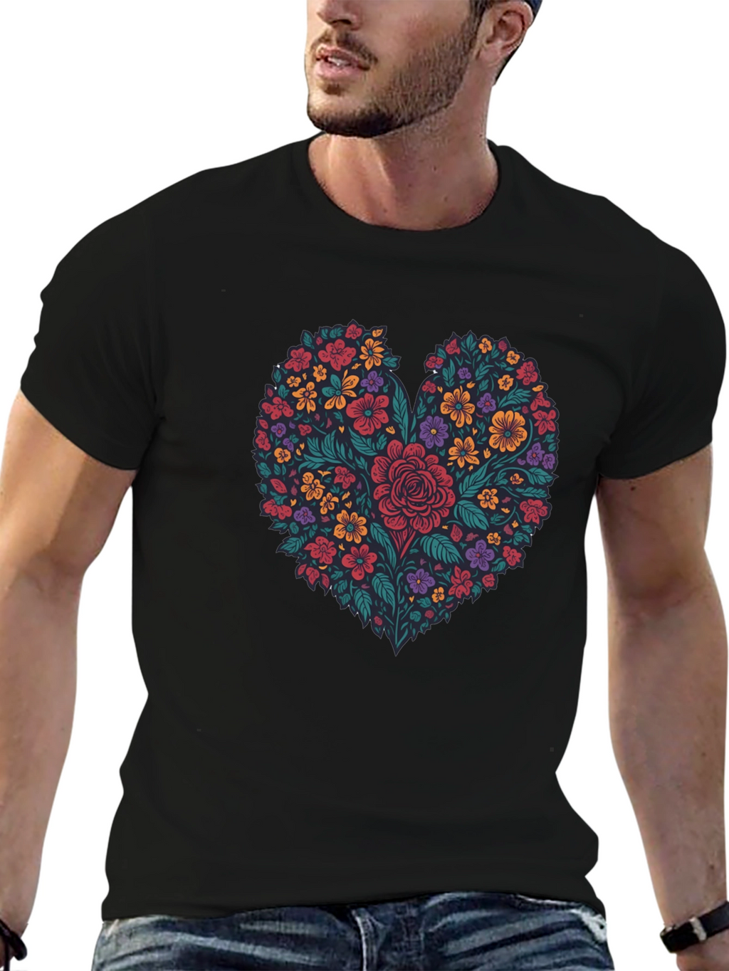 Floral Heart Graphic T-Shirt - Mens Black Tee