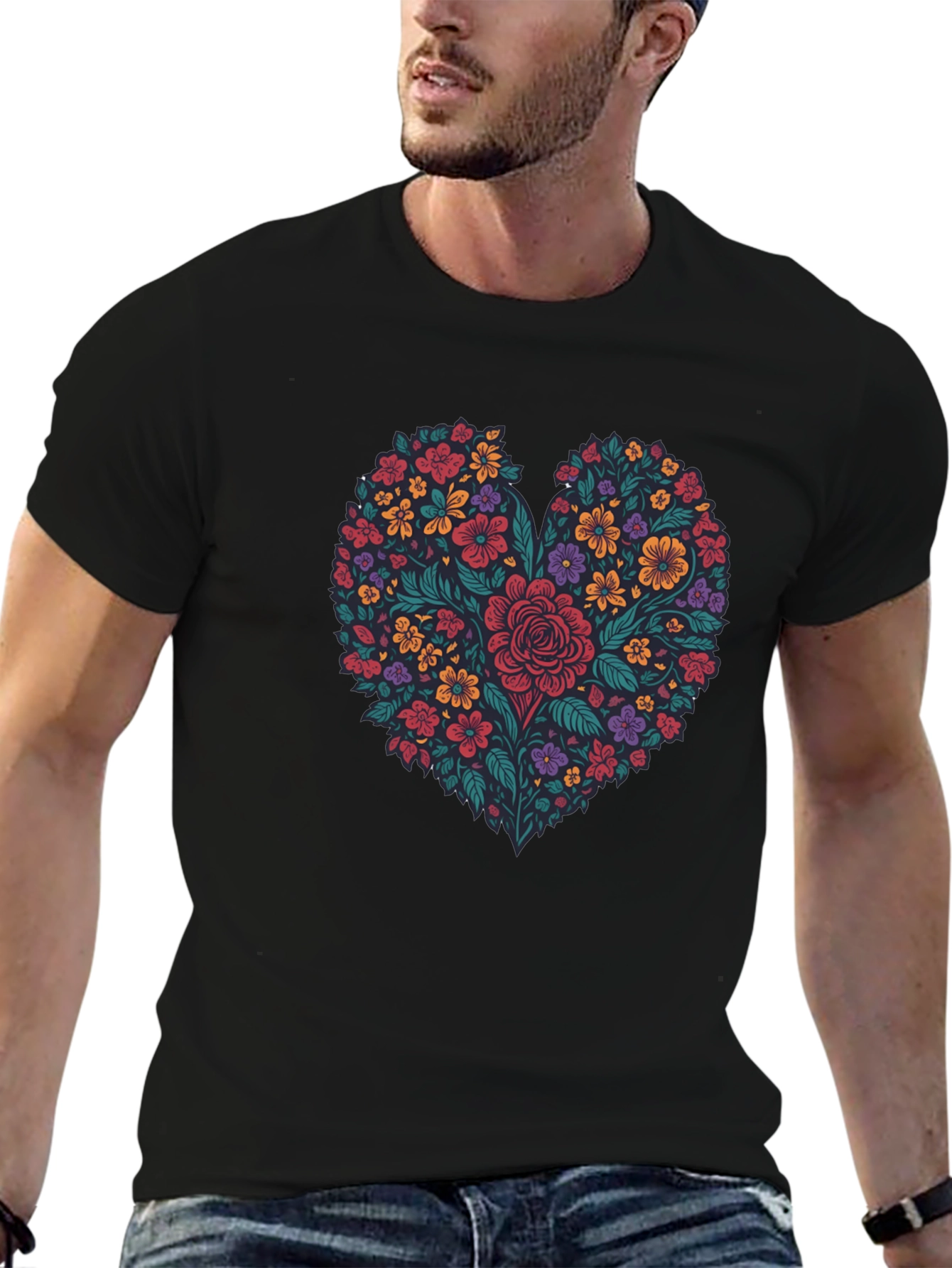 Floral Heart Graphic T-Shirt - Mens Black Tee