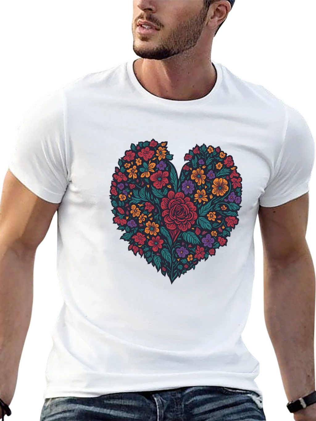 Floral Heart Graphic T-Shirt - Mens Black Tee