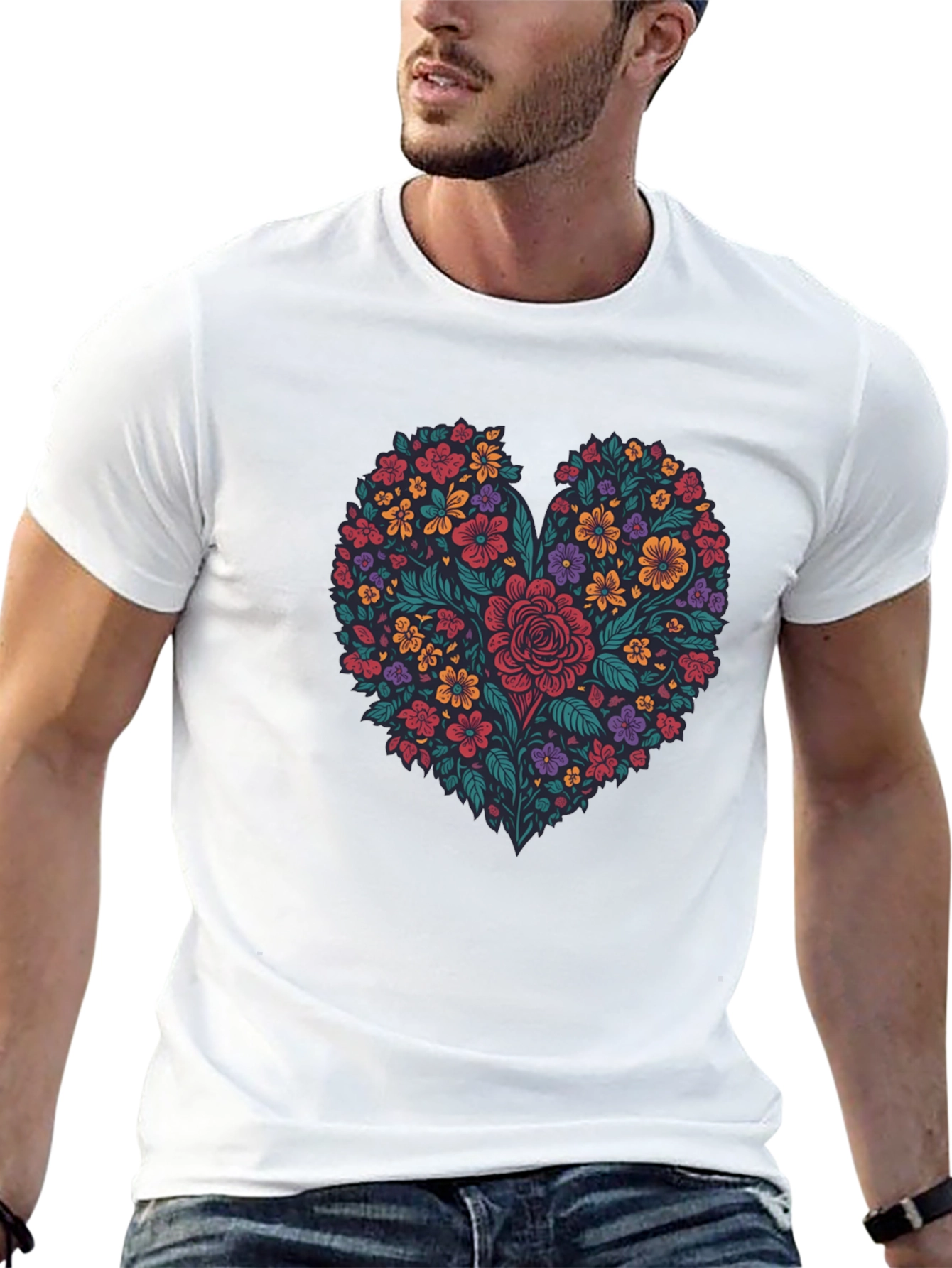 Floral Heart Graphic T-Shirt - Mens Black Tee