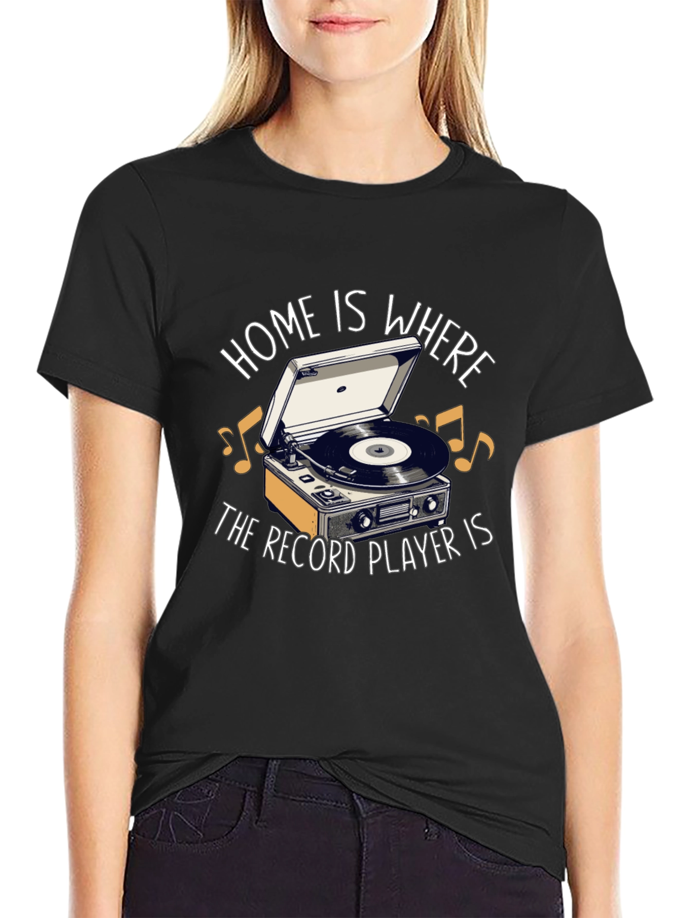 Home is Where the Record Player is Black T-Shirt
