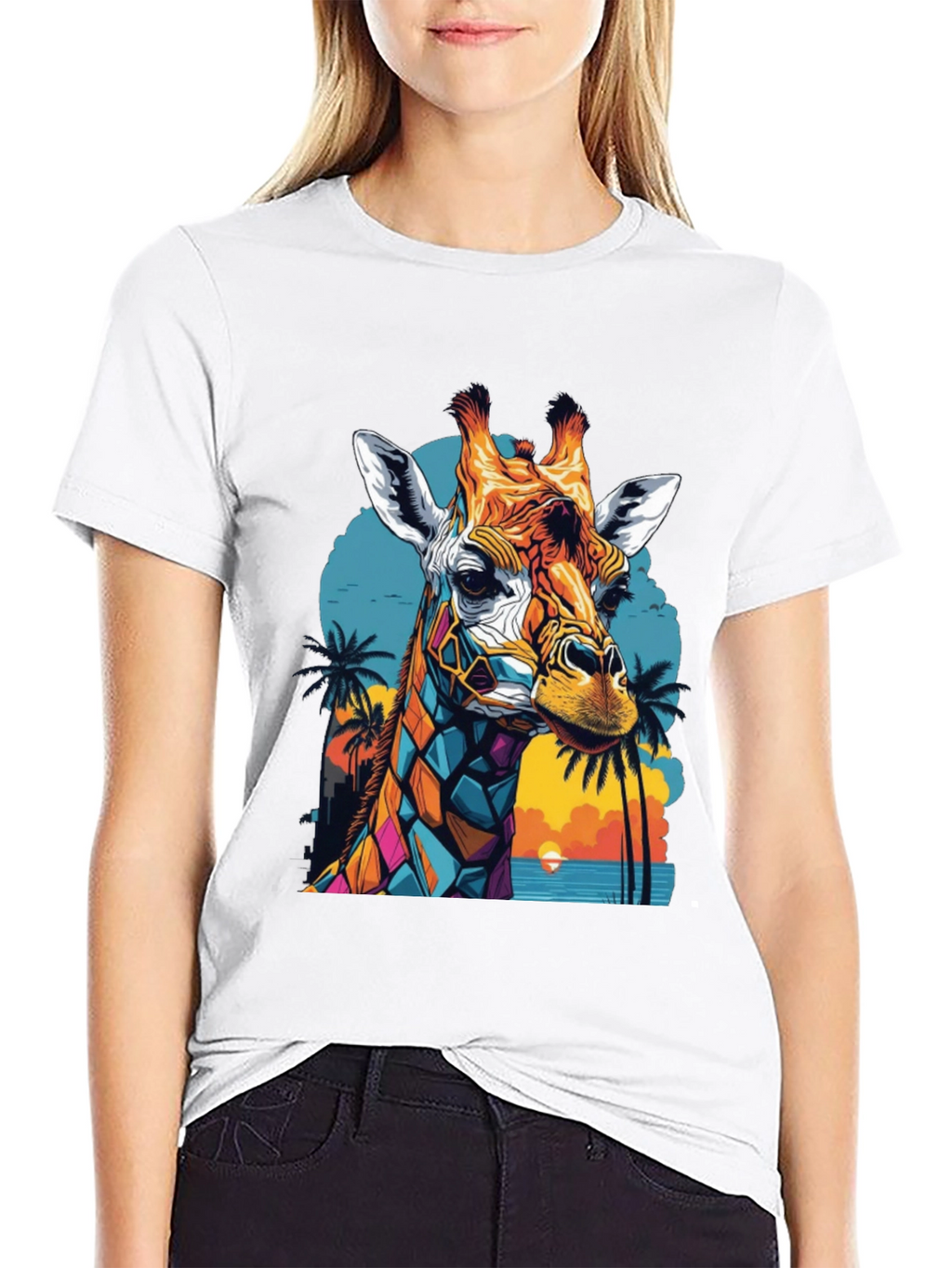 Geometric Giraffe Graphic Tee - Tropical Sunset Design