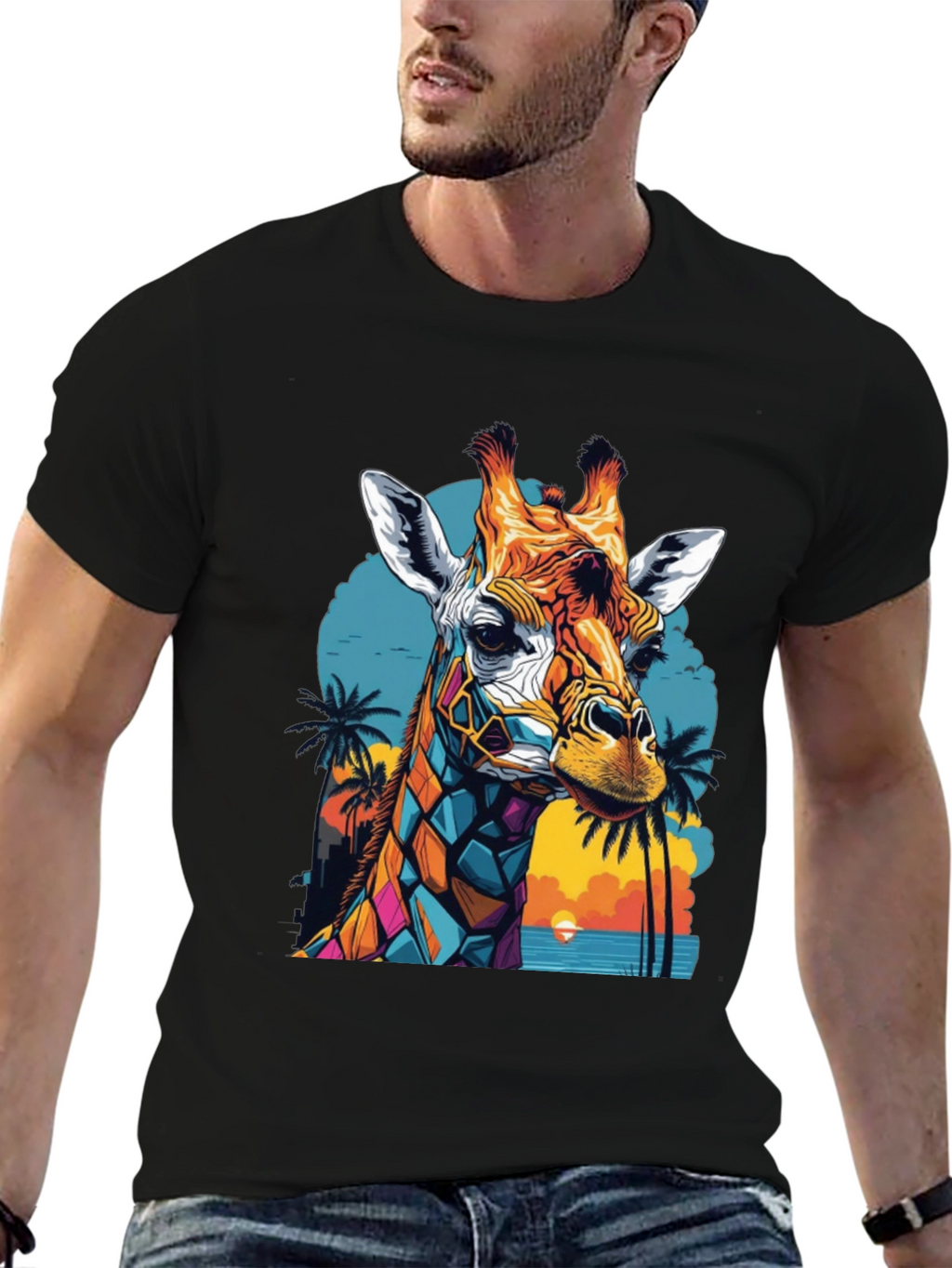 Geometric Giraffe Graphic Tee - Tropical Sunset Design