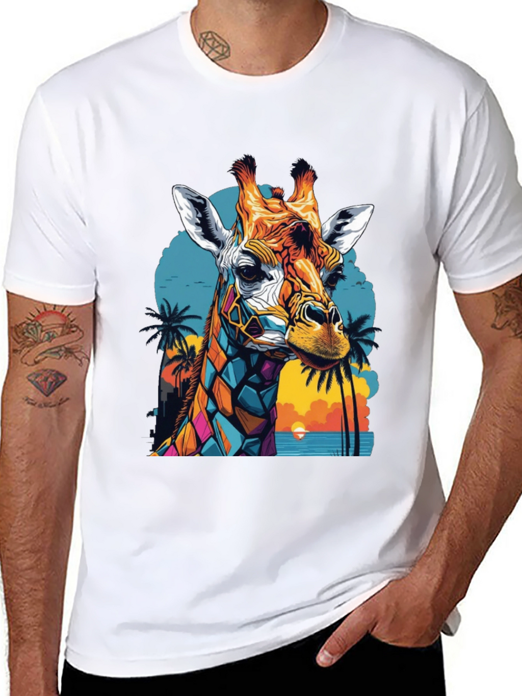 Geometric Giraffe Graphic Tee - Tropical Sunset Design